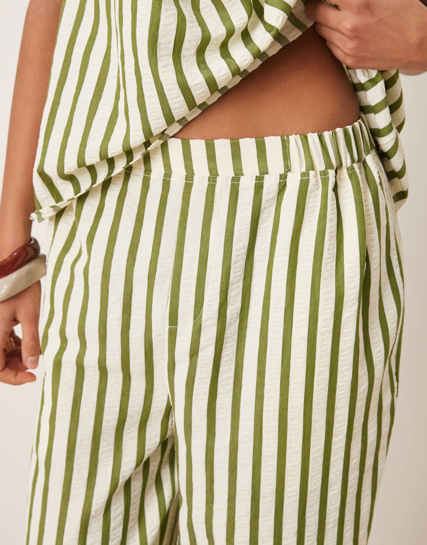 ASOS DESIGN straight leg seersucker trousers co-ord in khaki stripe - ASOS Sample Sale