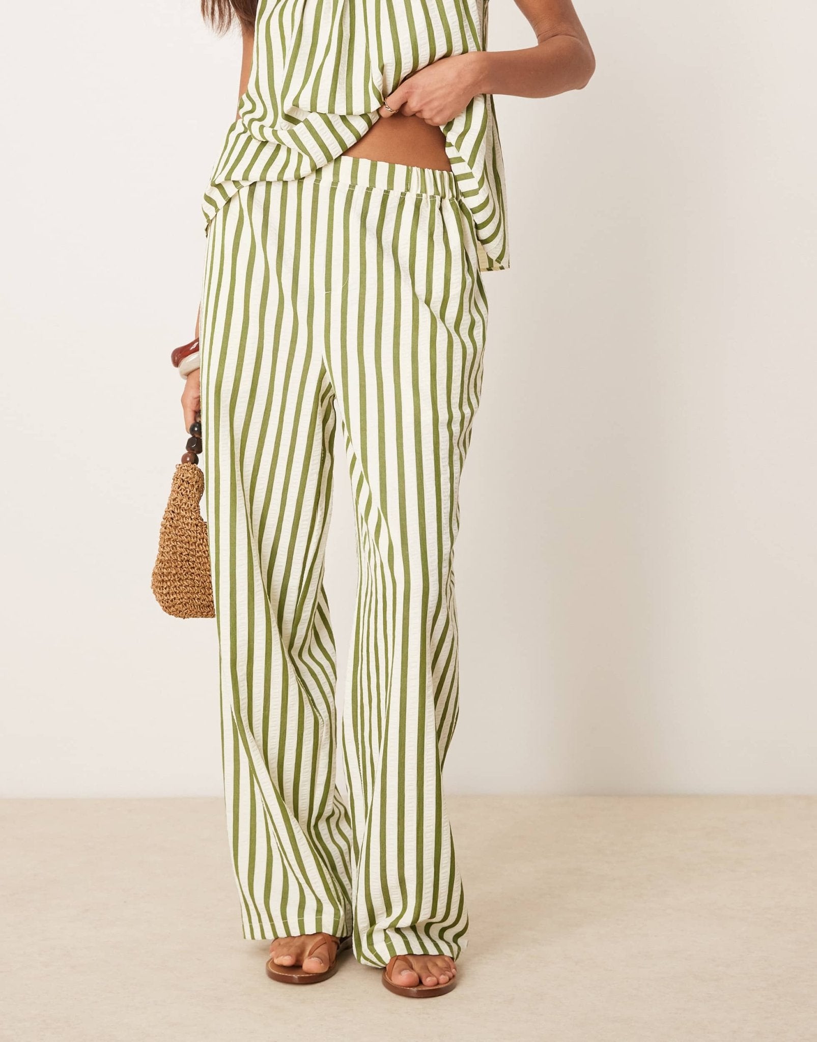 ASOS DESIGN straight leg seersucker trousers co-ord in khaki stripe - ASOS Sample Sale