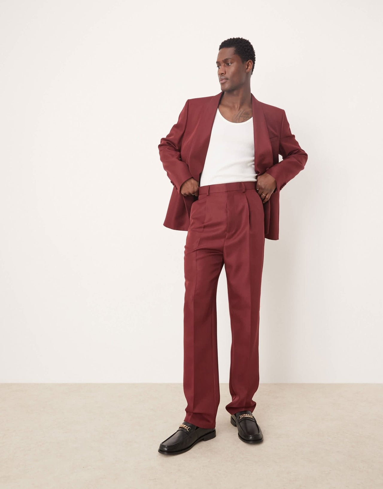 ASOS DESIGN straight leg suit trouser in burgundy matte satin - ASOS Sample Sale