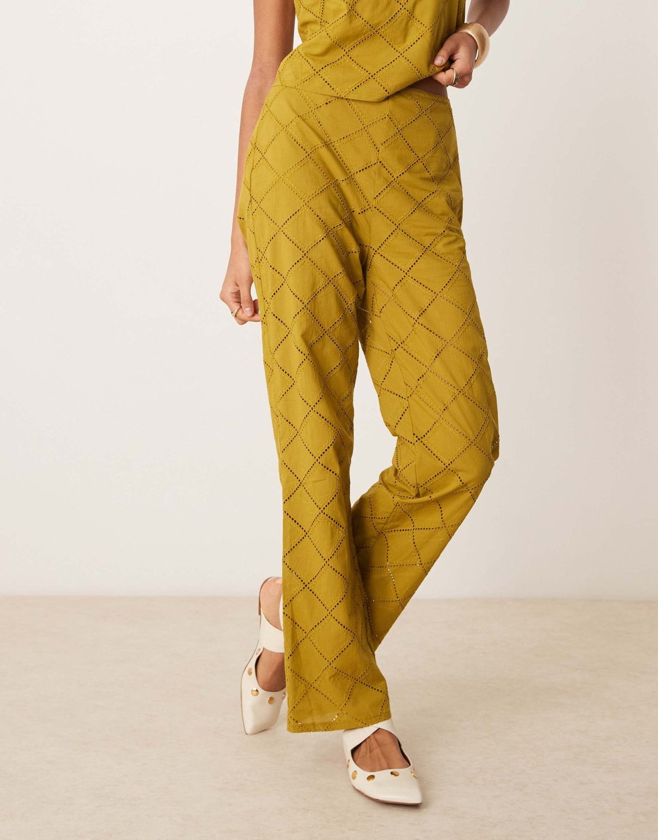 ASOS DESIGN straight leg trousers co - ord with geo cutwork in olive - ASOS Sample Sale