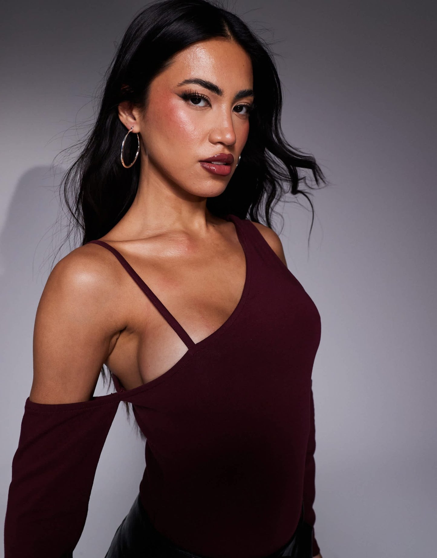 ASOS DESIGN strappy asymmetric bodysuit in burgundy - ASOS Sample Sale
