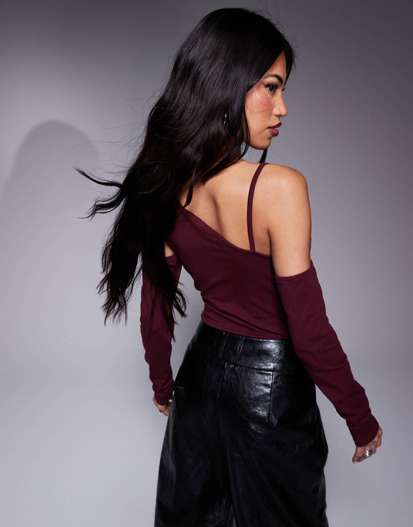 ASOS DESIGN strappy asymmetric bodysuit in burgundy - ASOS Sample Sale