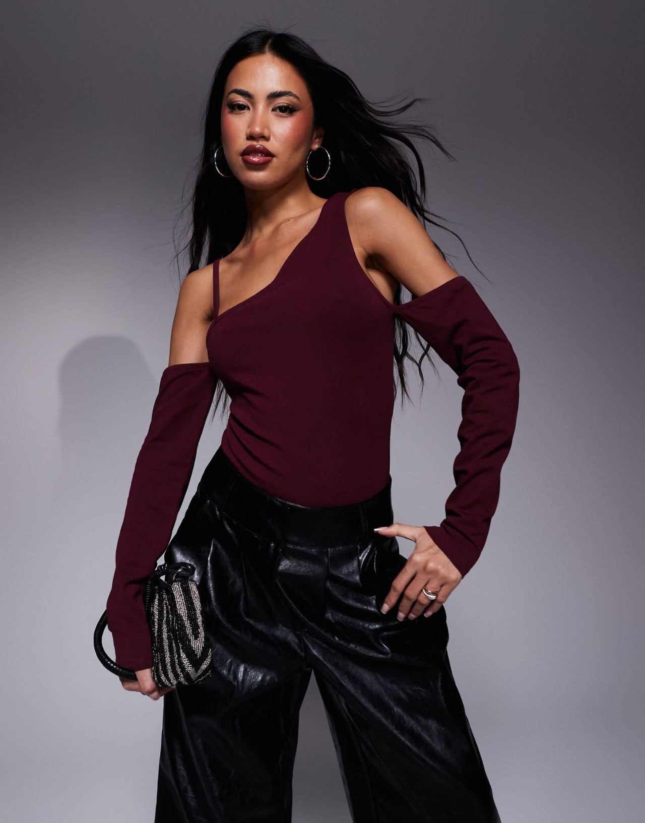 ASOS DESIGN strappy asymmetric bodysuit in burgundy - ASOS Sample Sale