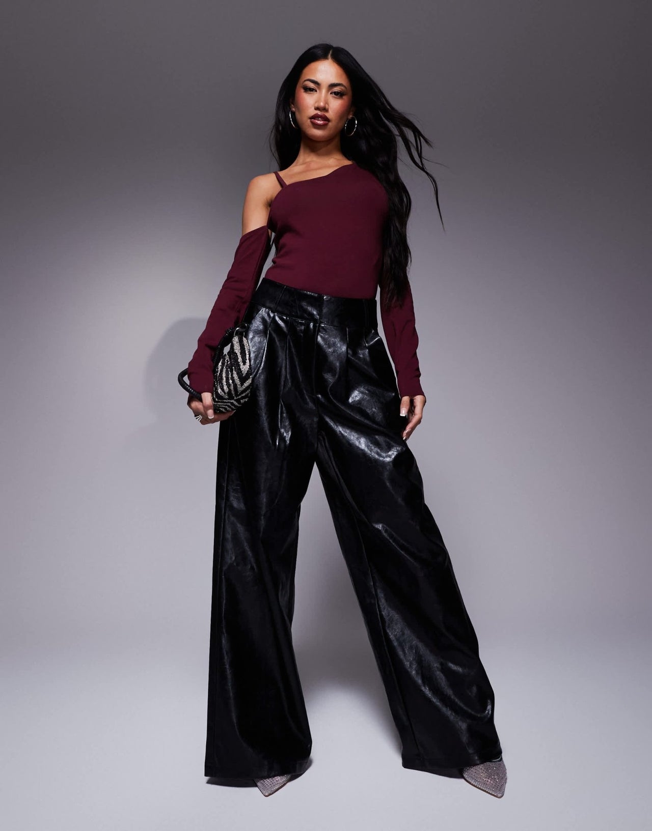 ASOS DESIGN strappy asymmetric bodysuit in burgundy - ASOS Sample Sale