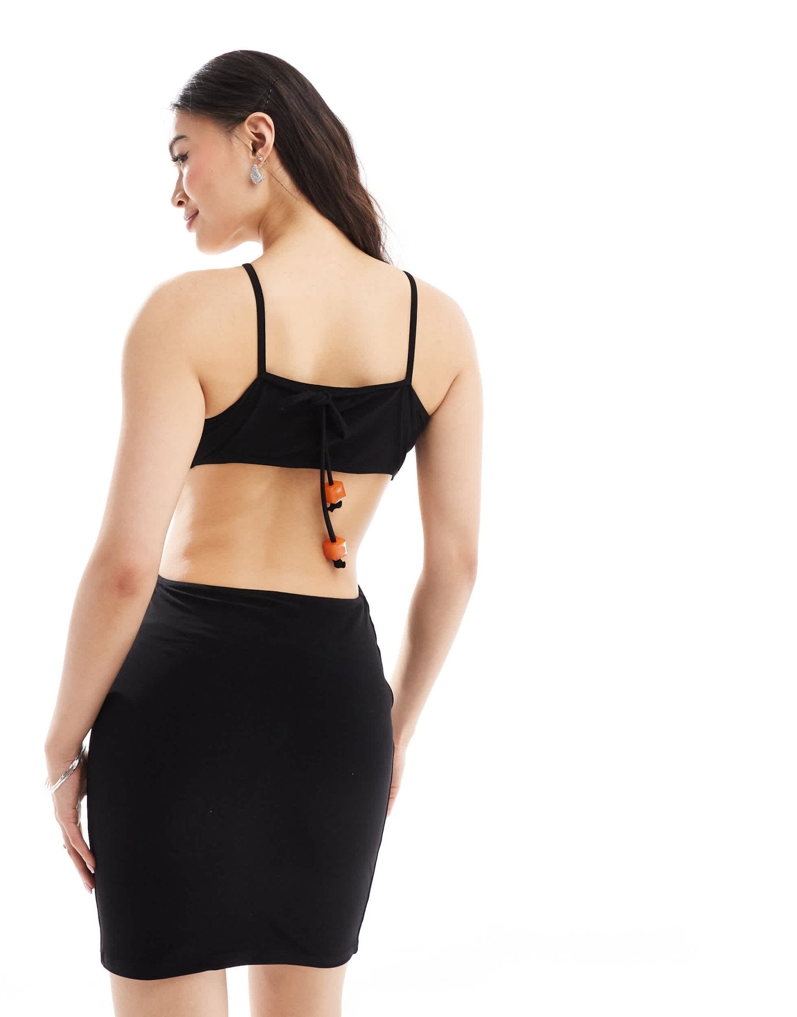 ASOS DESIGN strappy cut out cami mini dress with natural bead trims in black - ASOS Sample Sale