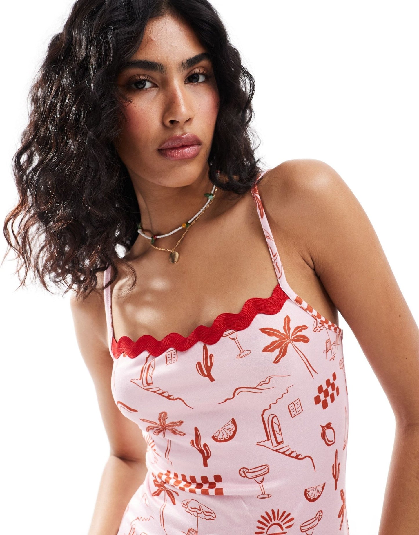 ASOS DESIGN strappy rikrak trim midi dress in red postcard print - ASOS Sample Sale