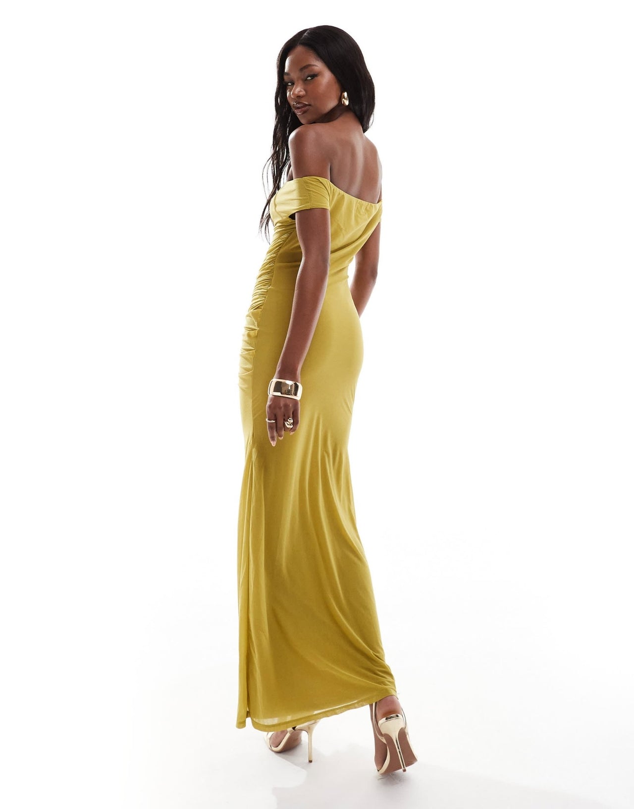 ASOS DESIGN stretch chiffon bardot drape midi dress in green - ASOS Sample Sale