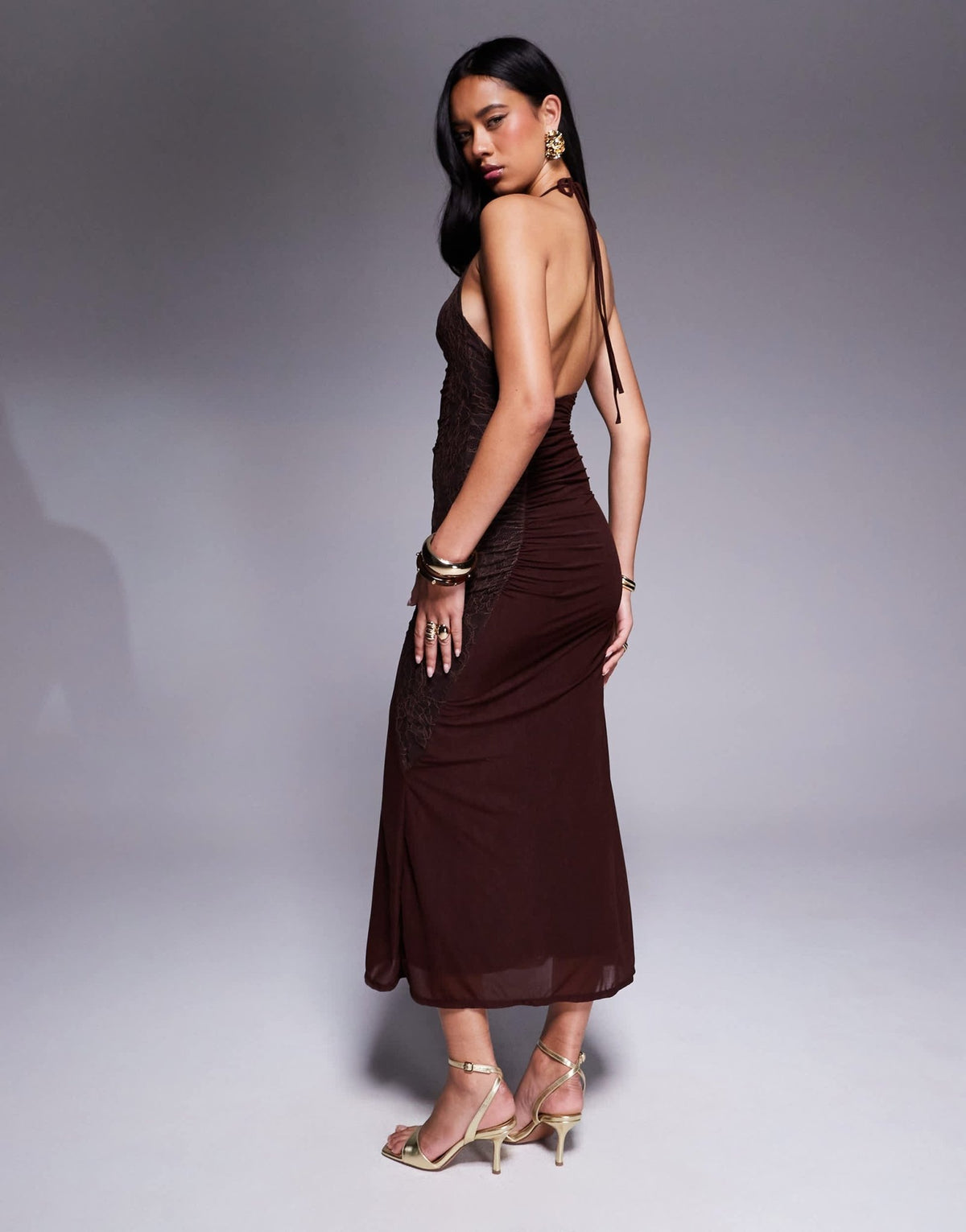 ASOS DESIGN stretch chiffon one shoulder midi dress with patchworked lace in chocolate - ASOS Sample Sale