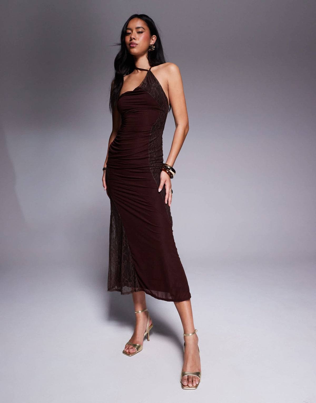 ASOS DESIGN stretch chiffon one shoulder midi dress with patchworked lace in chocolate - ASOS Sample Sale