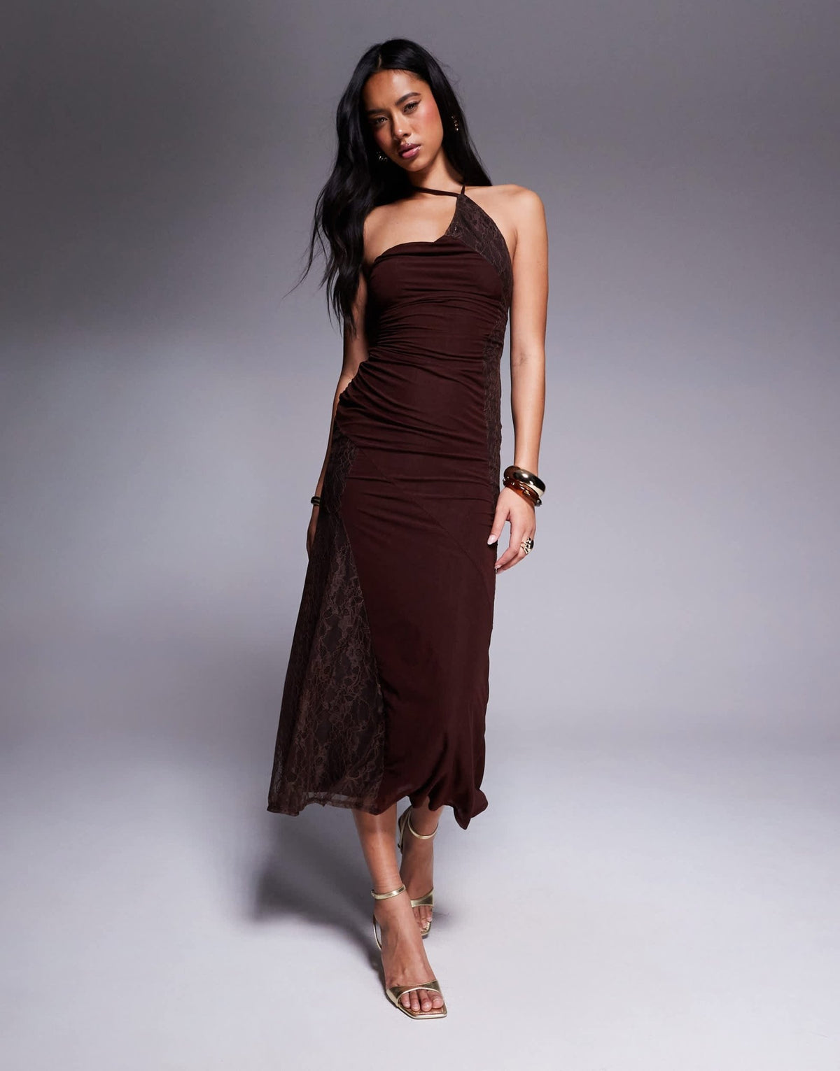ASOS DESIGN stretch chiffon one shoulder midi dress with patchworked lace in chocolate - ASOS Sample Sale