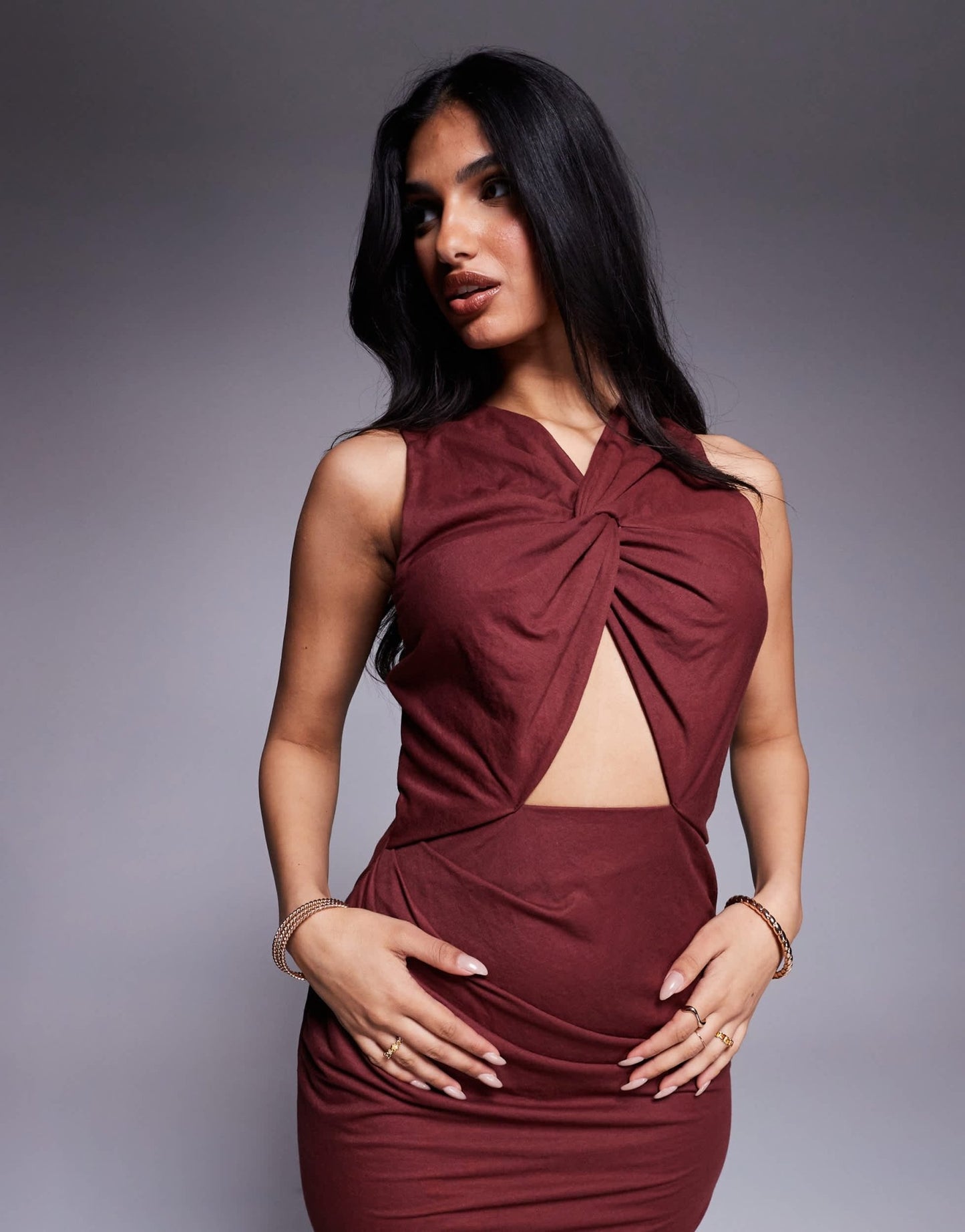 ASOS DESIGN stretch linen twist detail midi dress with gold trim back in wine - ASOS Sample Sale