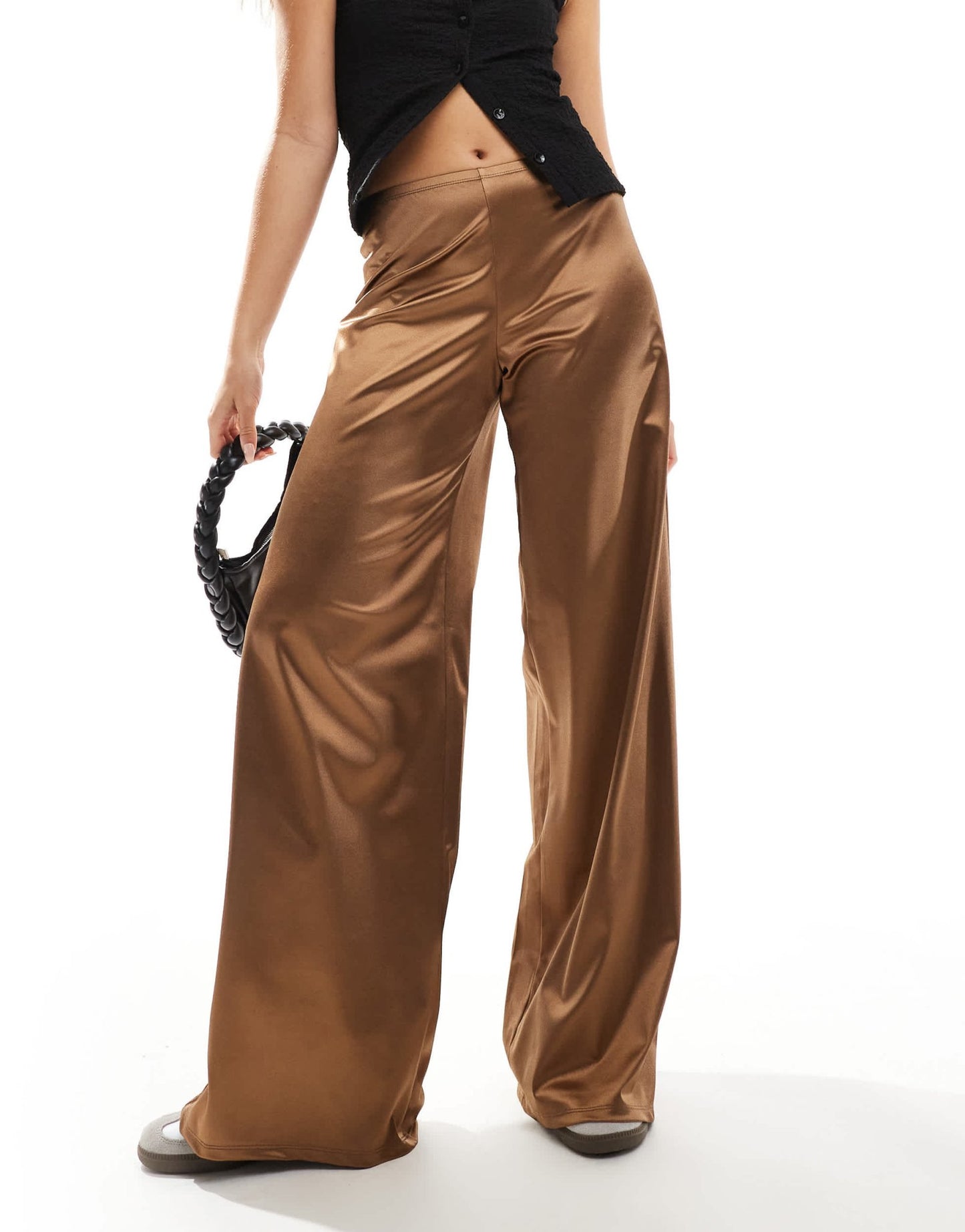 ASOS DESIGN stretch satin wide leg trousers with skinny waistband in chocolate - ASOS Sample Sale