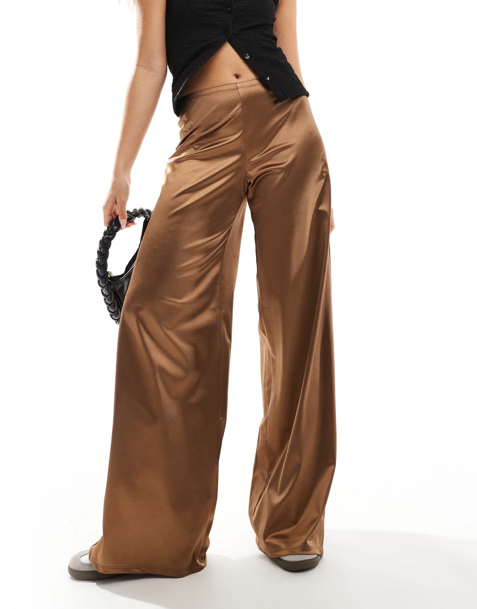 ASOS DESIGN stretch satin wide leg trousers with skinny waistband in chocolate - ASOS Sample Sale