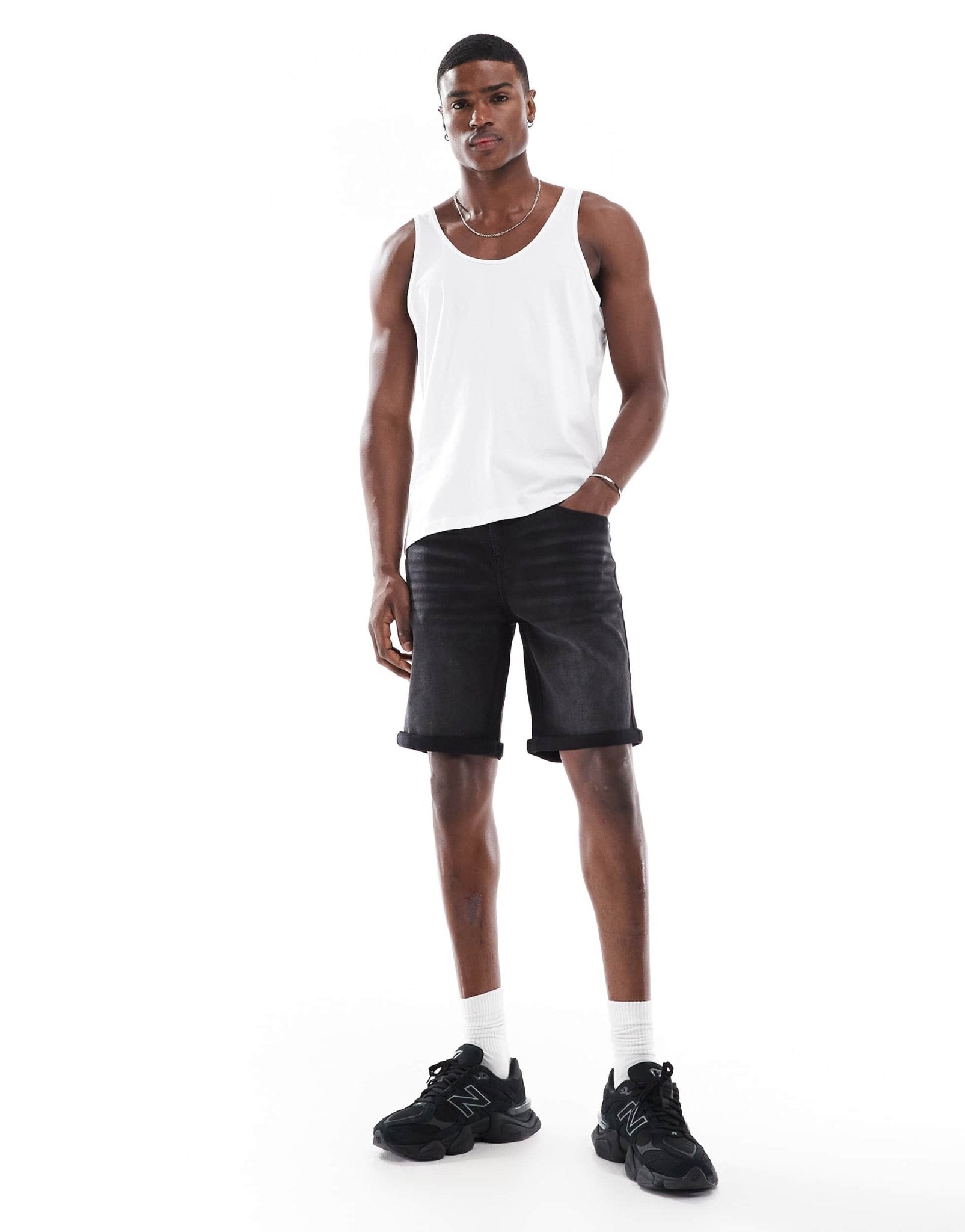 ASOS DESIGN stretch slim regular length denim shorts in washed black - ASOS Sample Sale