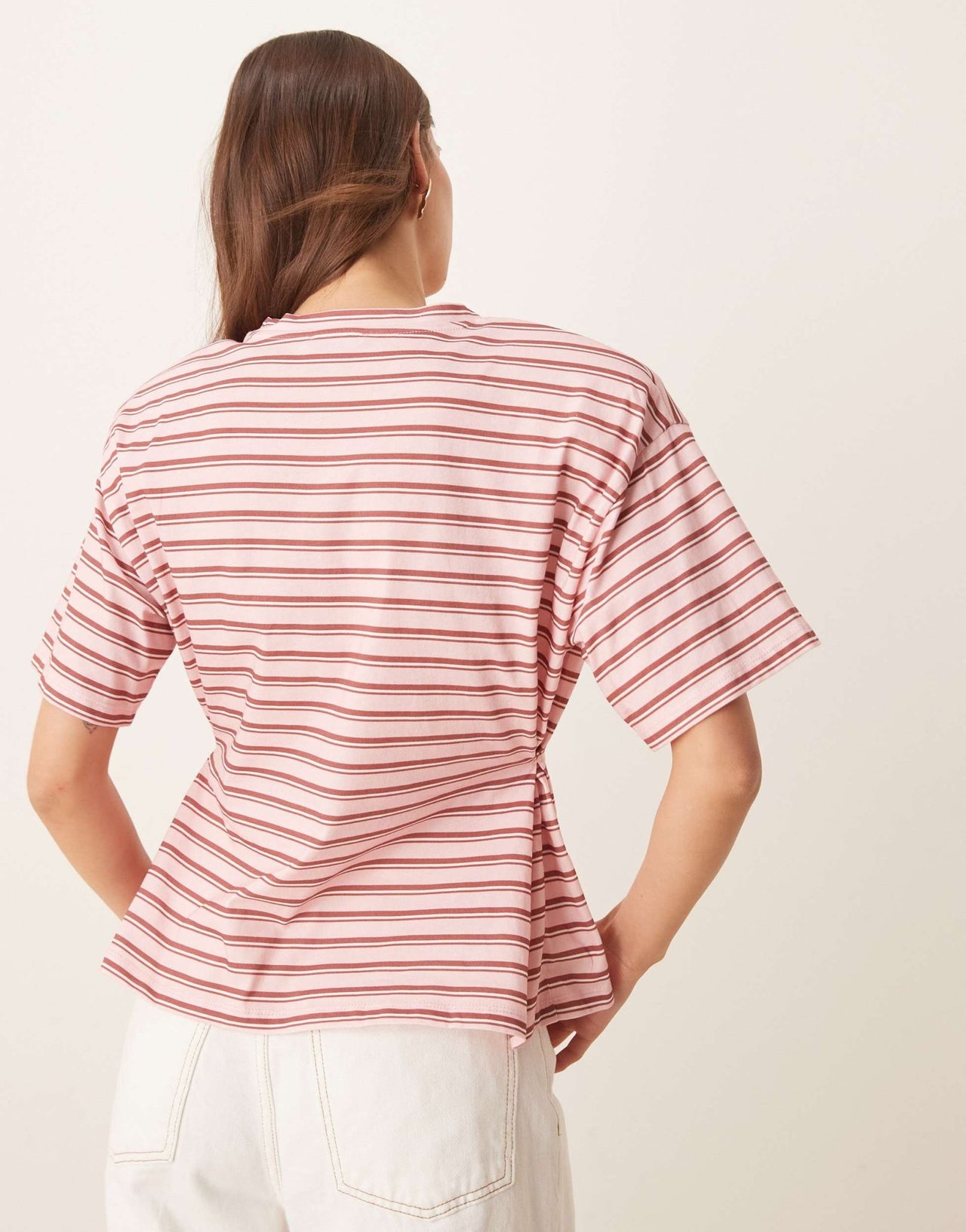 ASOS DESIGN stripe cinched t shirt with shoulder pads in pink - ASOS Sample Sale