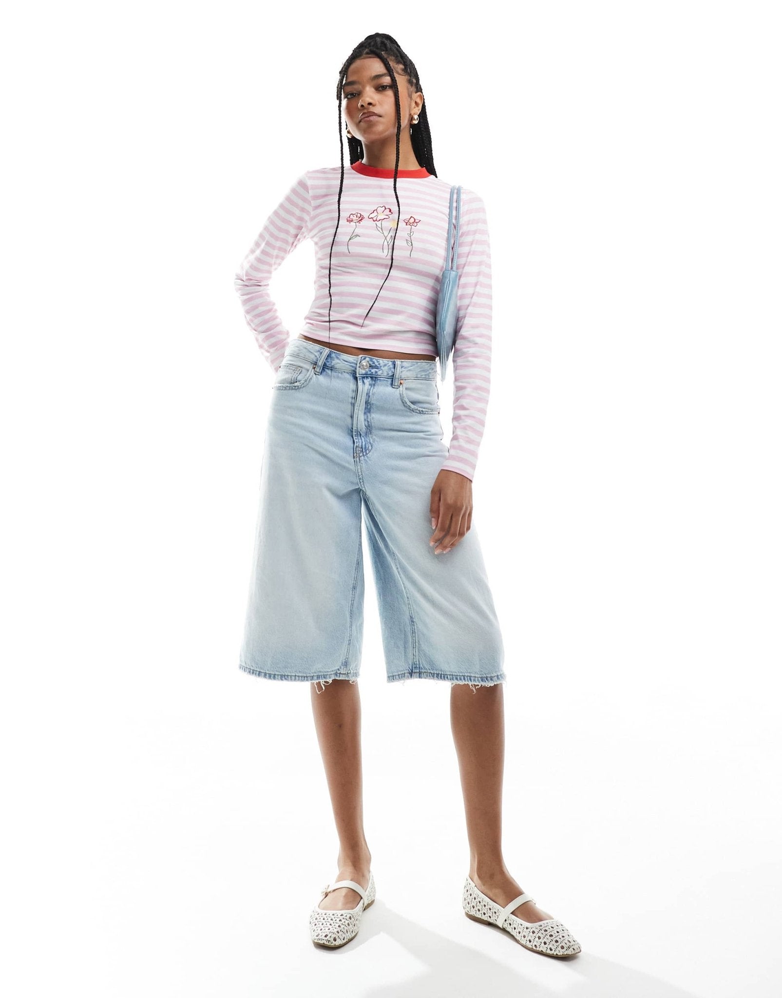 ASOS DESIGN stripe fitted top with contrast ringer and floral embriodery in pink - ASOS Sample Sale