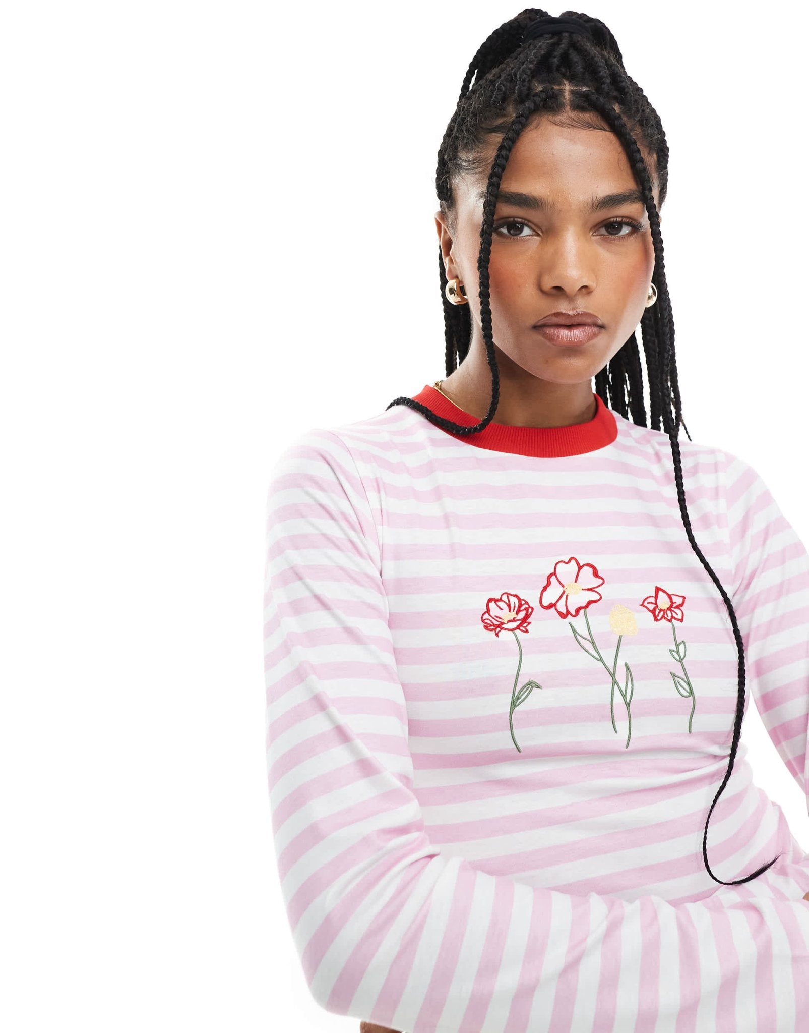 ASOS DESIGN stripe fitted top with contrast ringer and floral embriodery in pink - ASOS Sample Sale