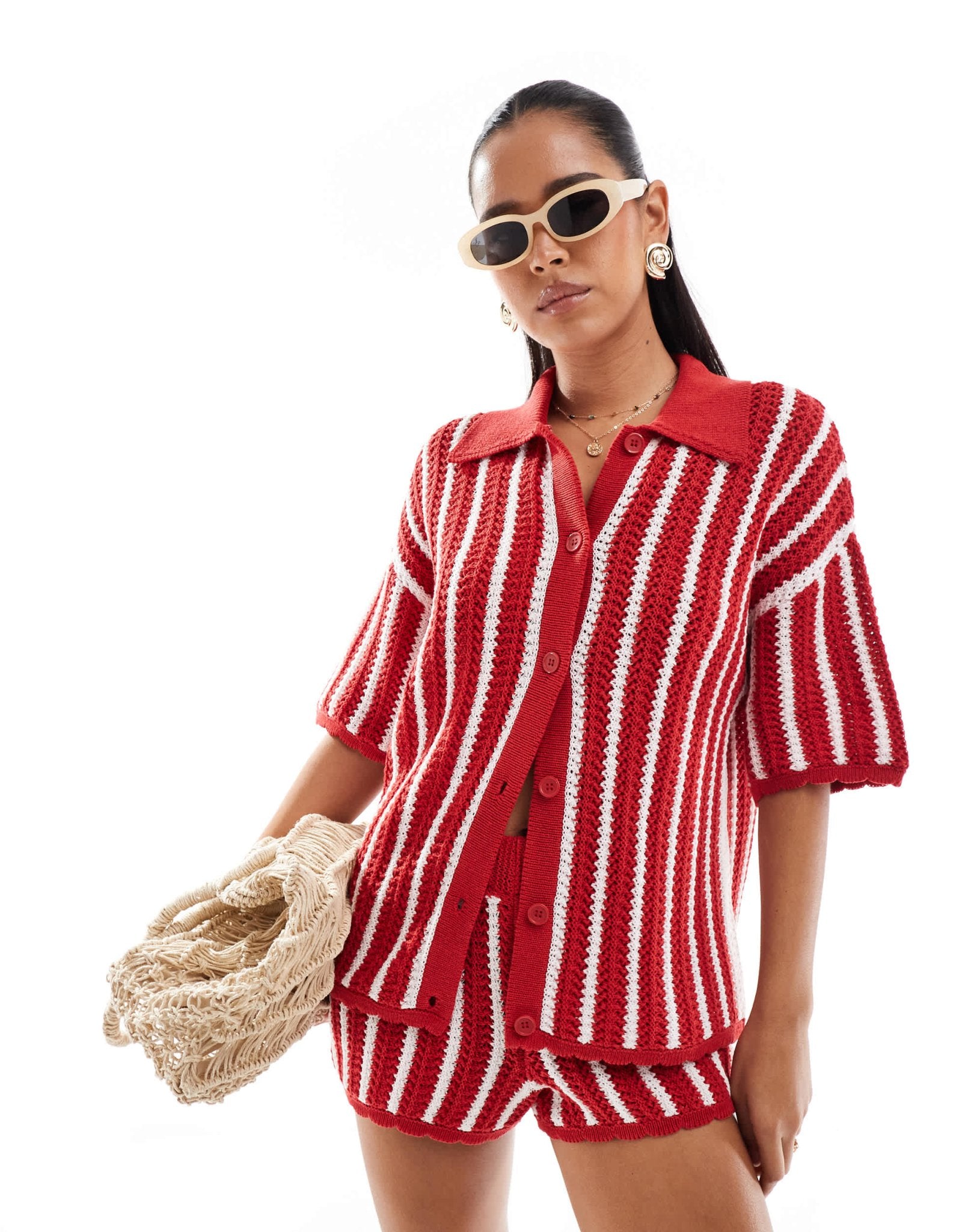 ASOS DESIGN stripe scallop edge knitted shirt co-ord in red – ASOS ...