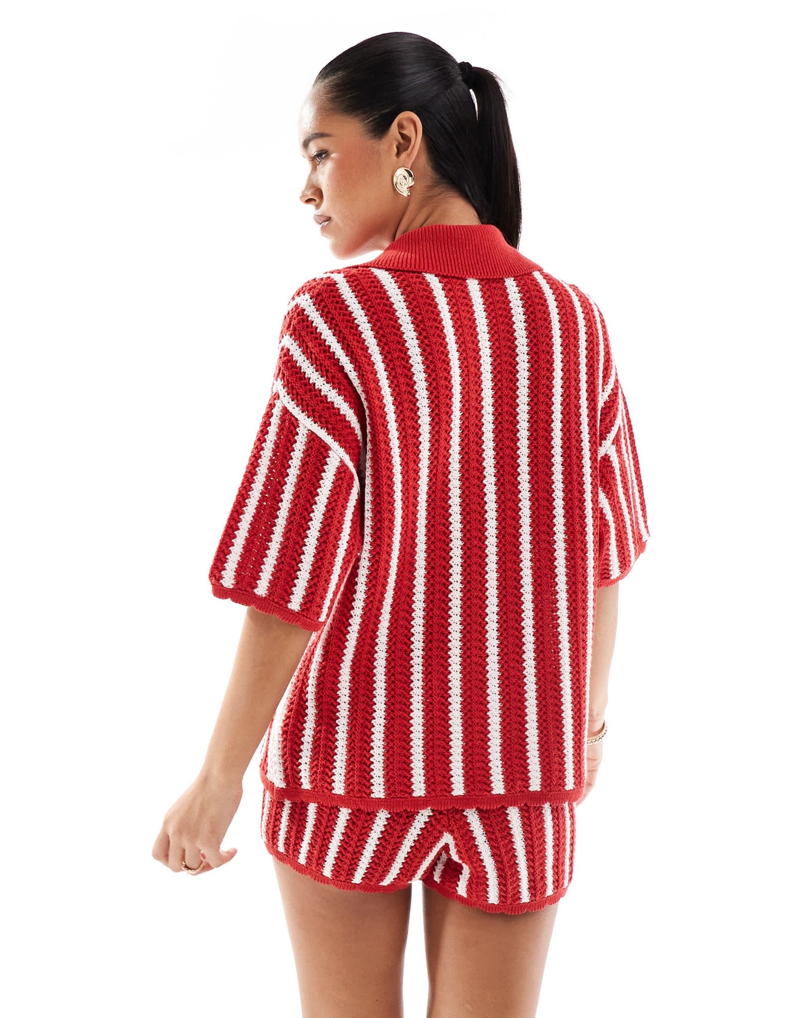 ASOS DESIGN stripe scallop edge knitted shirt co-ord in red – ASOS ...