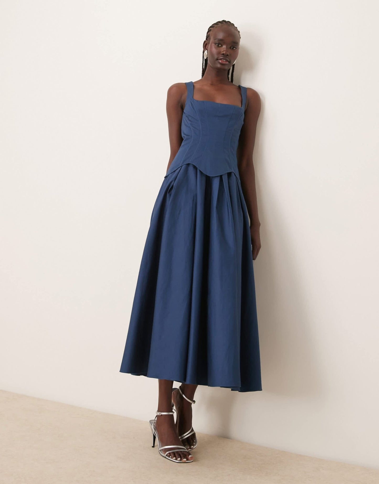 ASOS DESIGN structured corset full skirt midi dress in dark denim blue - ASOS Sample Sale