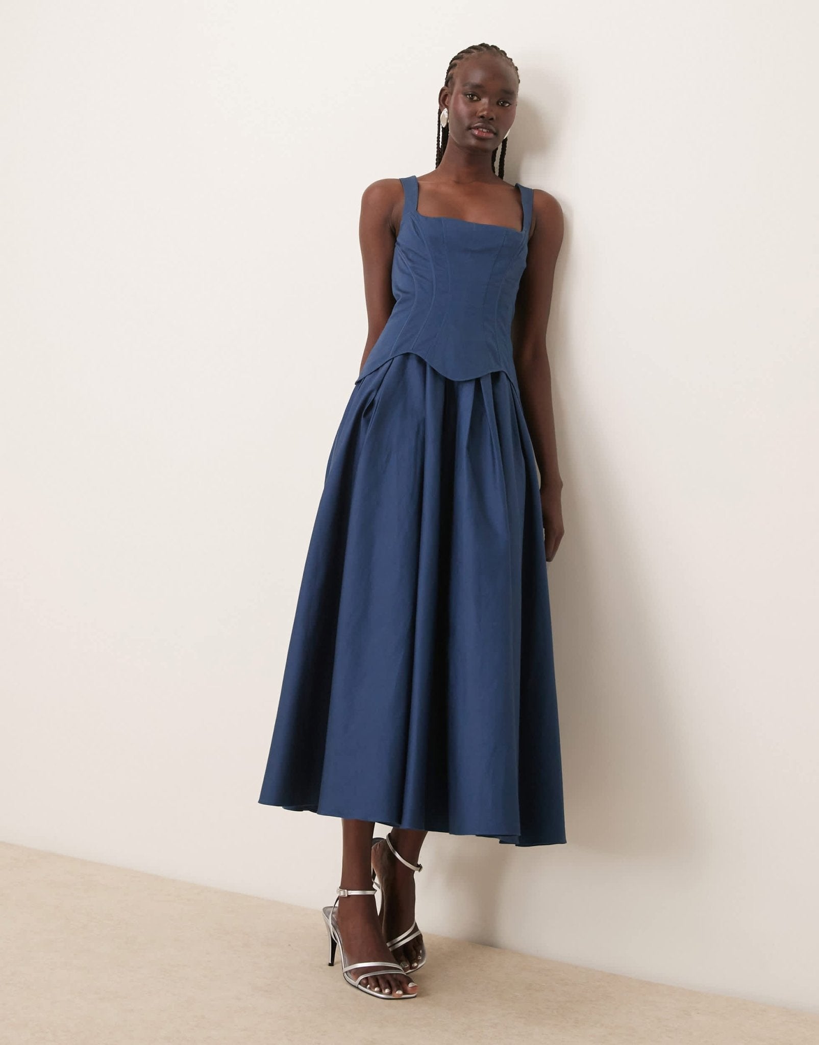 ASOS DESIGN structured corset full skirt midi dress in dark denim blue - ASOS Sample Sale