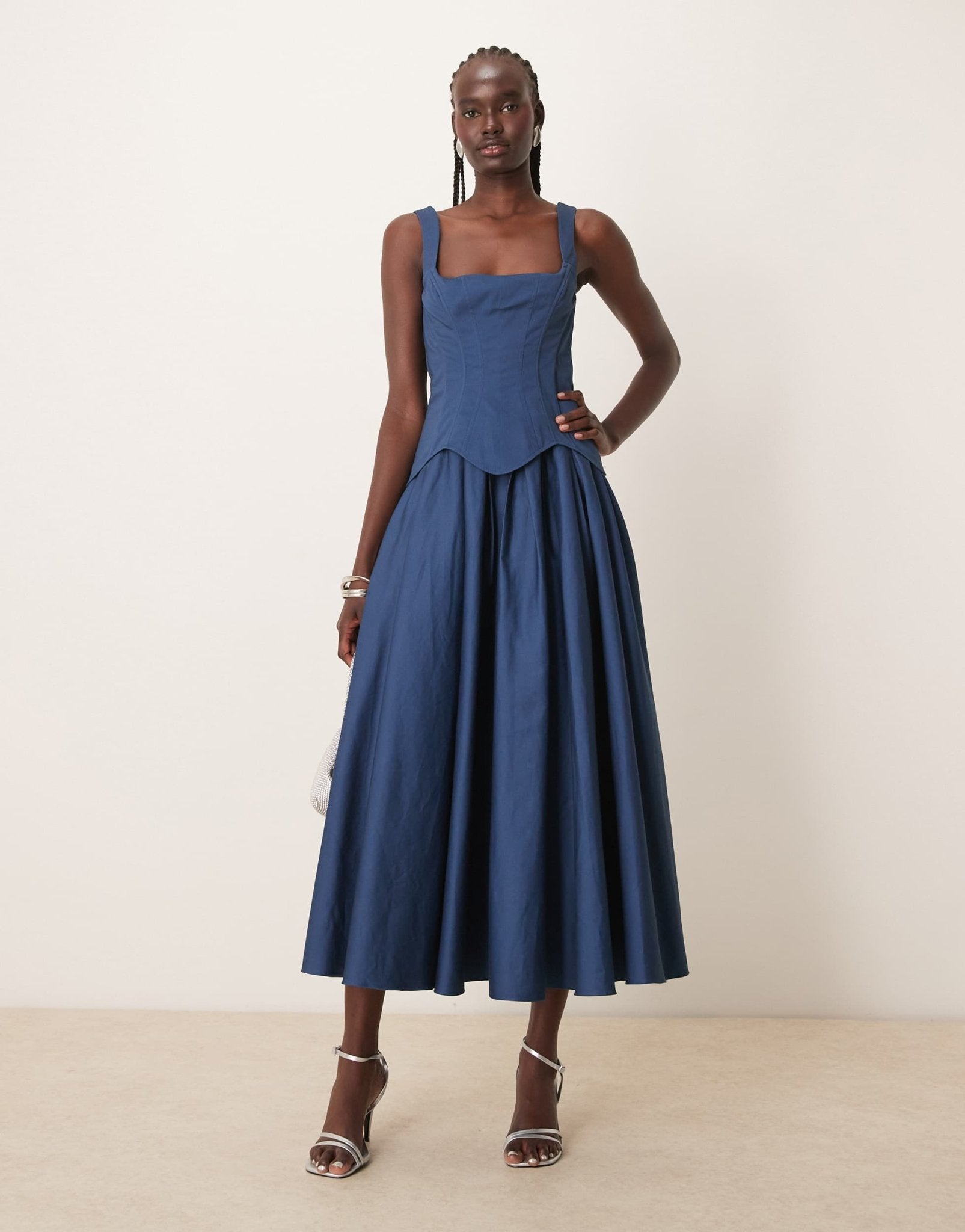 ASOS DESIGN structured corset full skirt midi dress in dark denim blue - ASOS Sample Sale