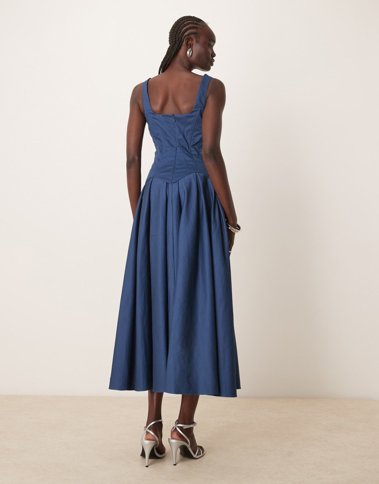 ASOS DESIGN structured corset full skirt midi dress in dark denim blue - ASOS Sample Sale
