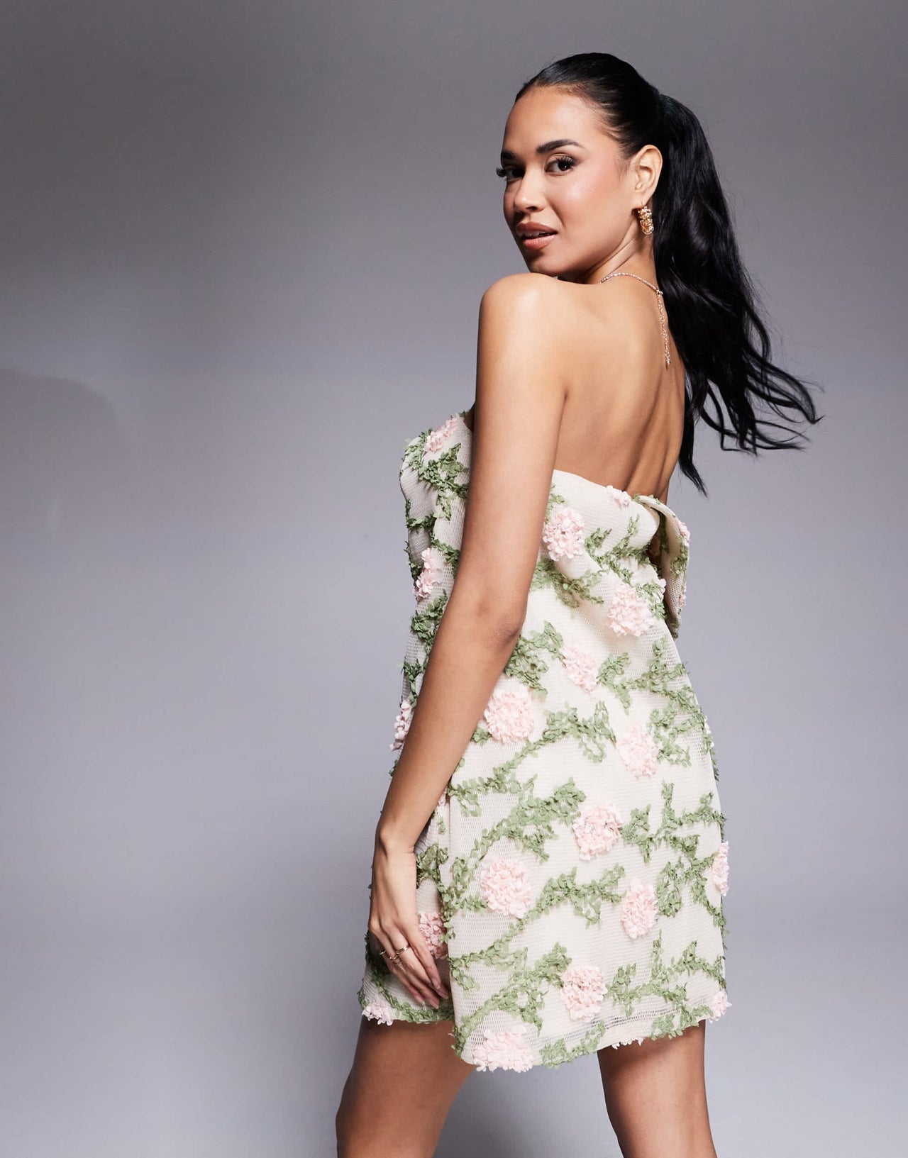ASOS DESIGN structured floral texture mini dress with faux bardot in cream - ASOS Sample Sale