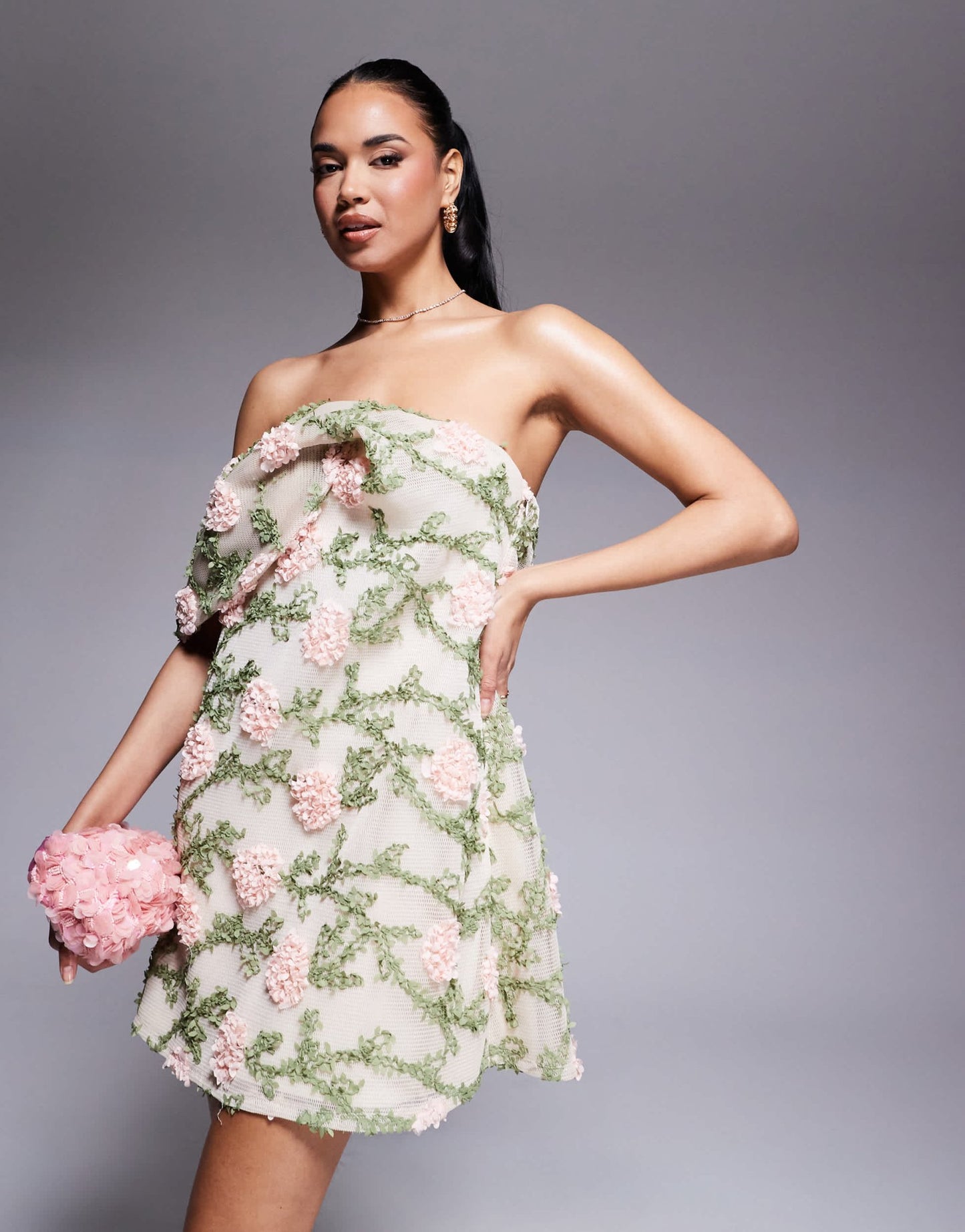 ASOS DESIGN structured floral texture mini dress with faux bardot in cream - ASOS Sample Sale
