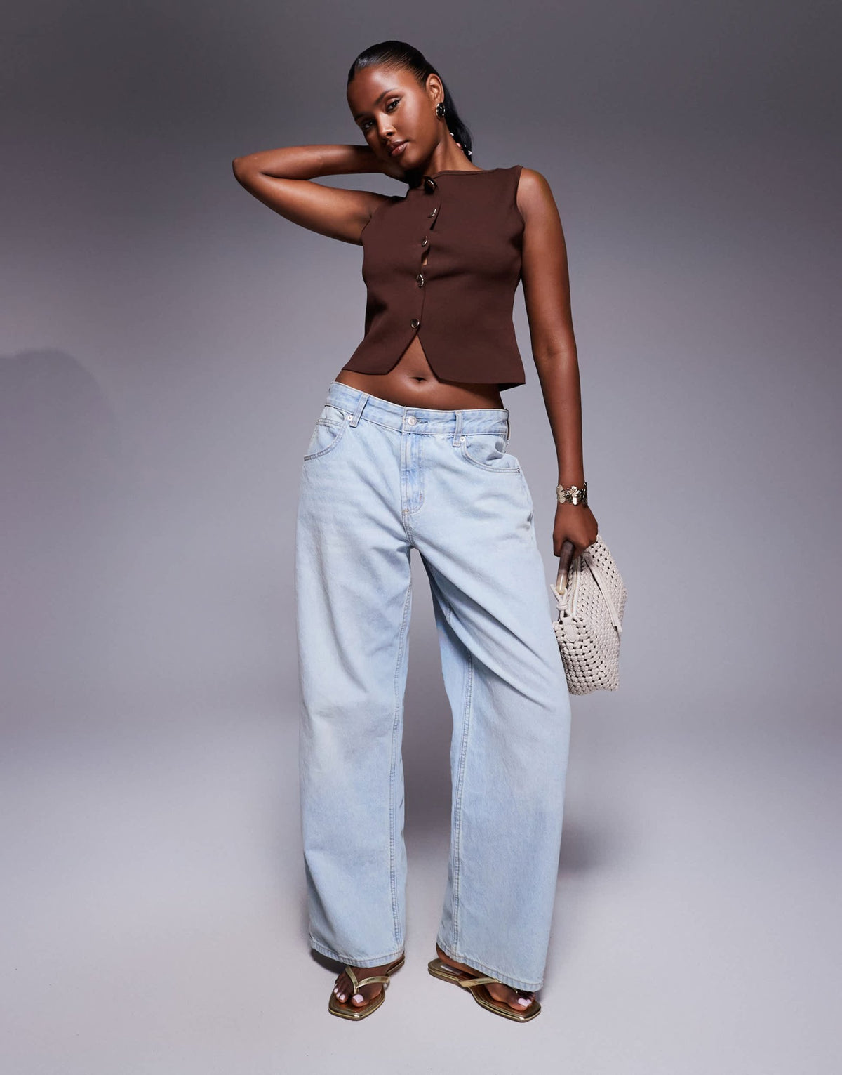 ASOS DESIGN structured knit cropped waistcoat with gold buttons in brown - ASOS Sample Sale