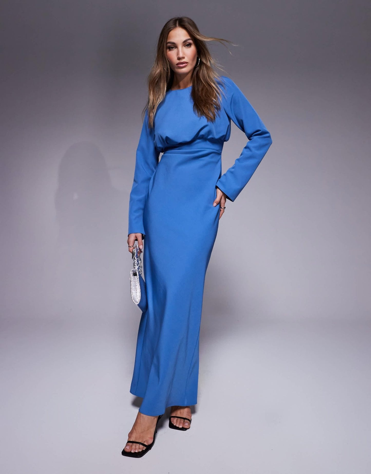 ASOS DESIGN structured long sleeve maxi dress with ruched bust in blue - ASOS Sample Sale