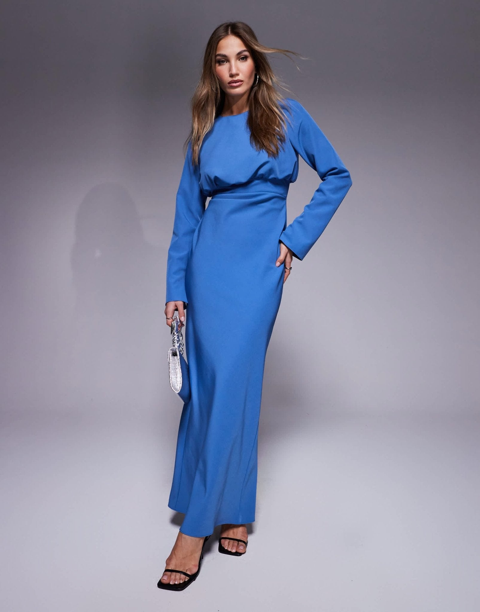 ASOS DESIGN structured long sleeve maxi dress with ruched bust in blue - ASOS Sample Sale