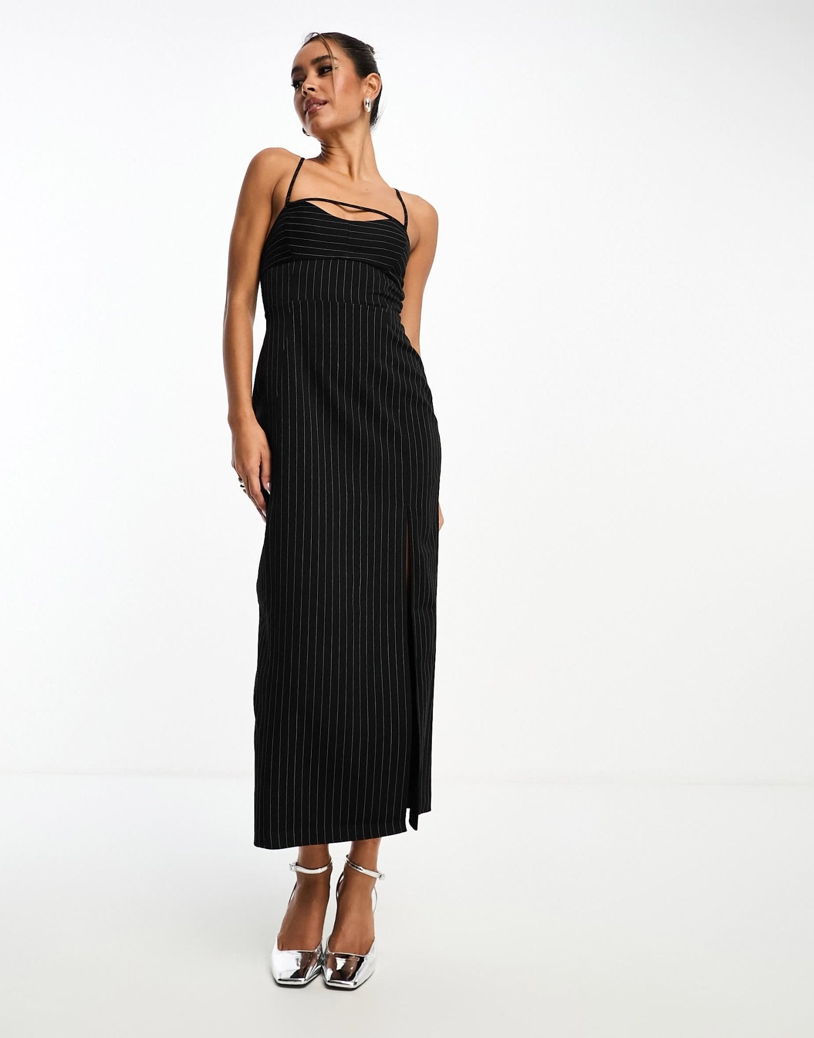 ASOS DESIGN structured midi cami dress with buckle detail in black pinstripe - ASOS Sample Sale