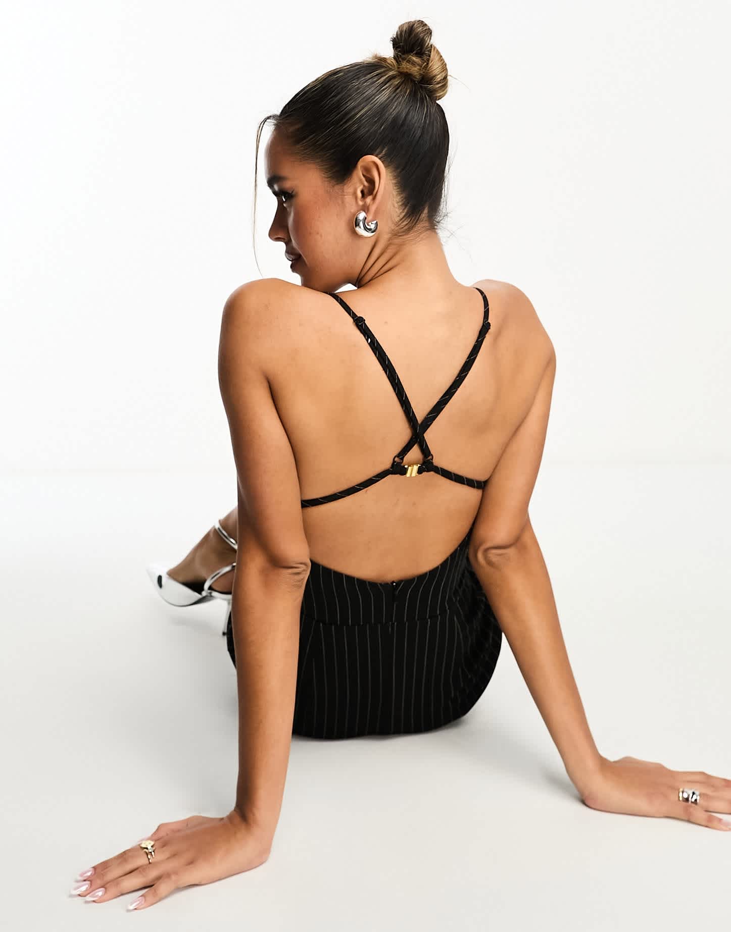 ASOS DESIGN structured midi cami dress with buckle detail in black pinstripe - ASOS Sample Sale
