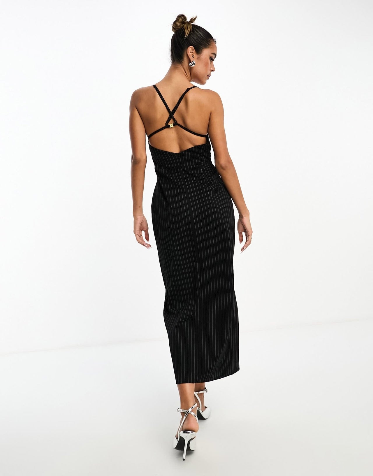 ASOS DESIGN structured midi cami dress with buckle detail in black pinstripe - ASOS Sample Sale