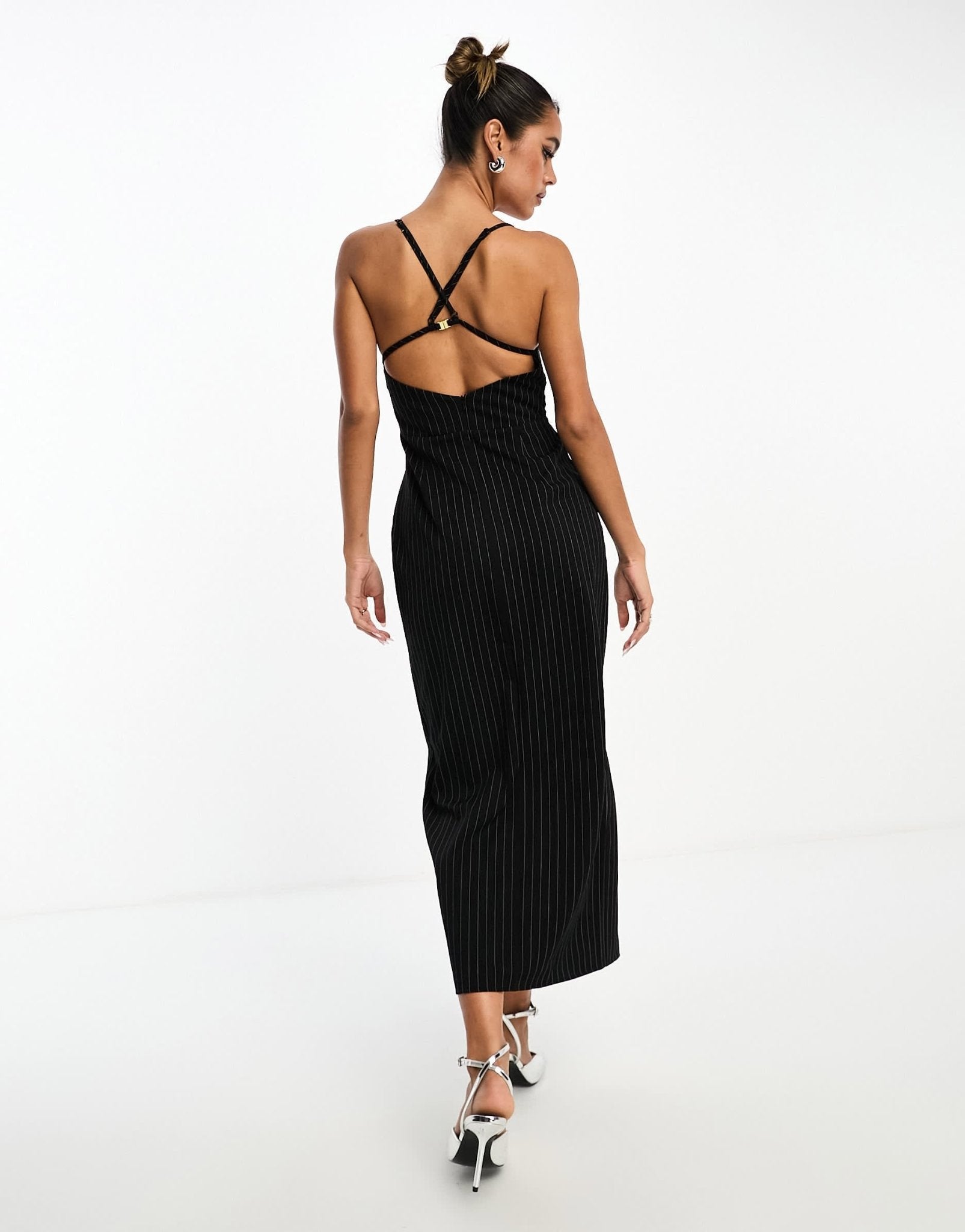 ASOS DESIGN structured midi cami dress with buckle detail in black pinstripe - ASOS Sample Sale