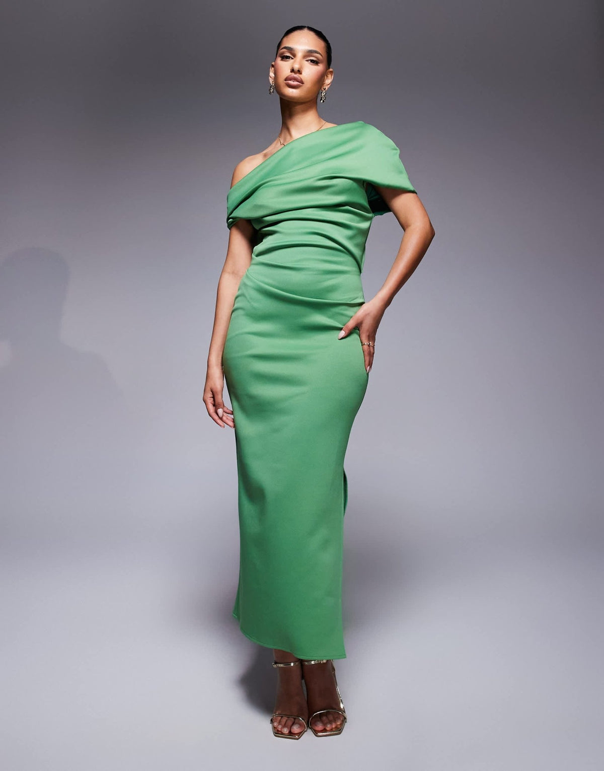 ASOS DESIGN structured midi dress with fallen shoulder in green in scuba-style fabric - ASOS Sample Sale