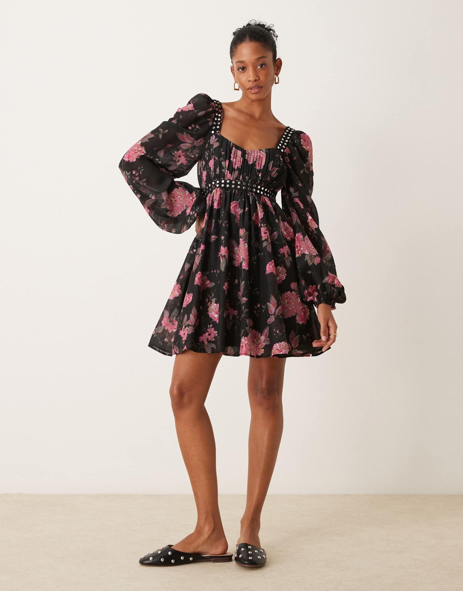 ASOS DESIGN stud trim babydoll mini dress in floral print - ASOS Sample Sale