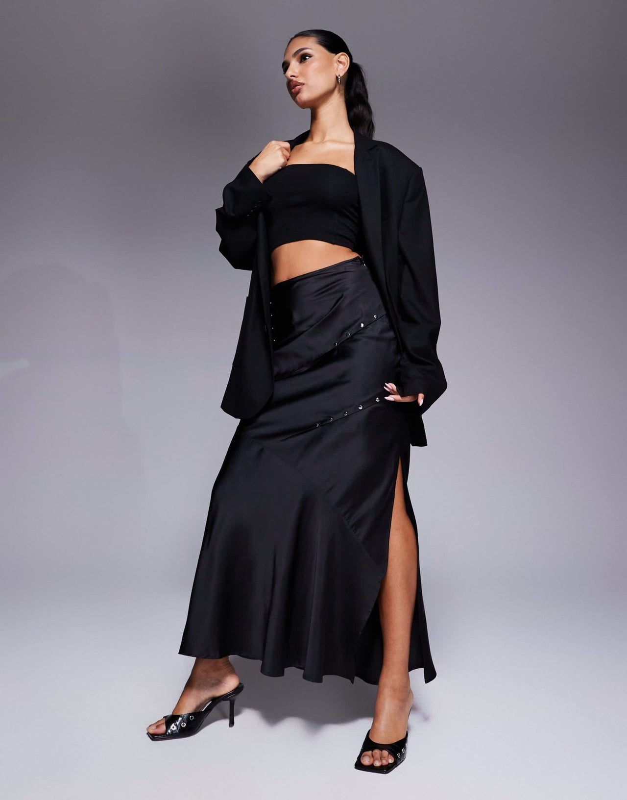 ASOS DESIGN studded bias maxi skirt with split in black - ASOS Sample Sale