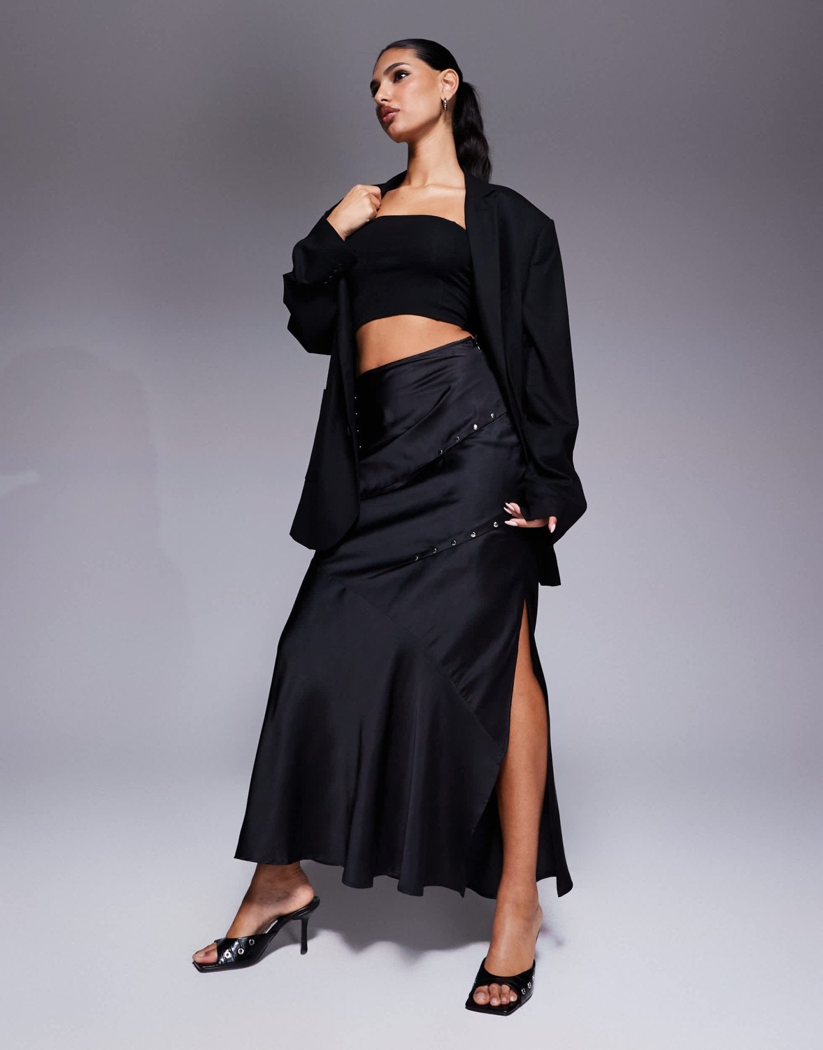 ASOS DESIGN studded bias maxi skirt with split in black - ASOS Sample Sale