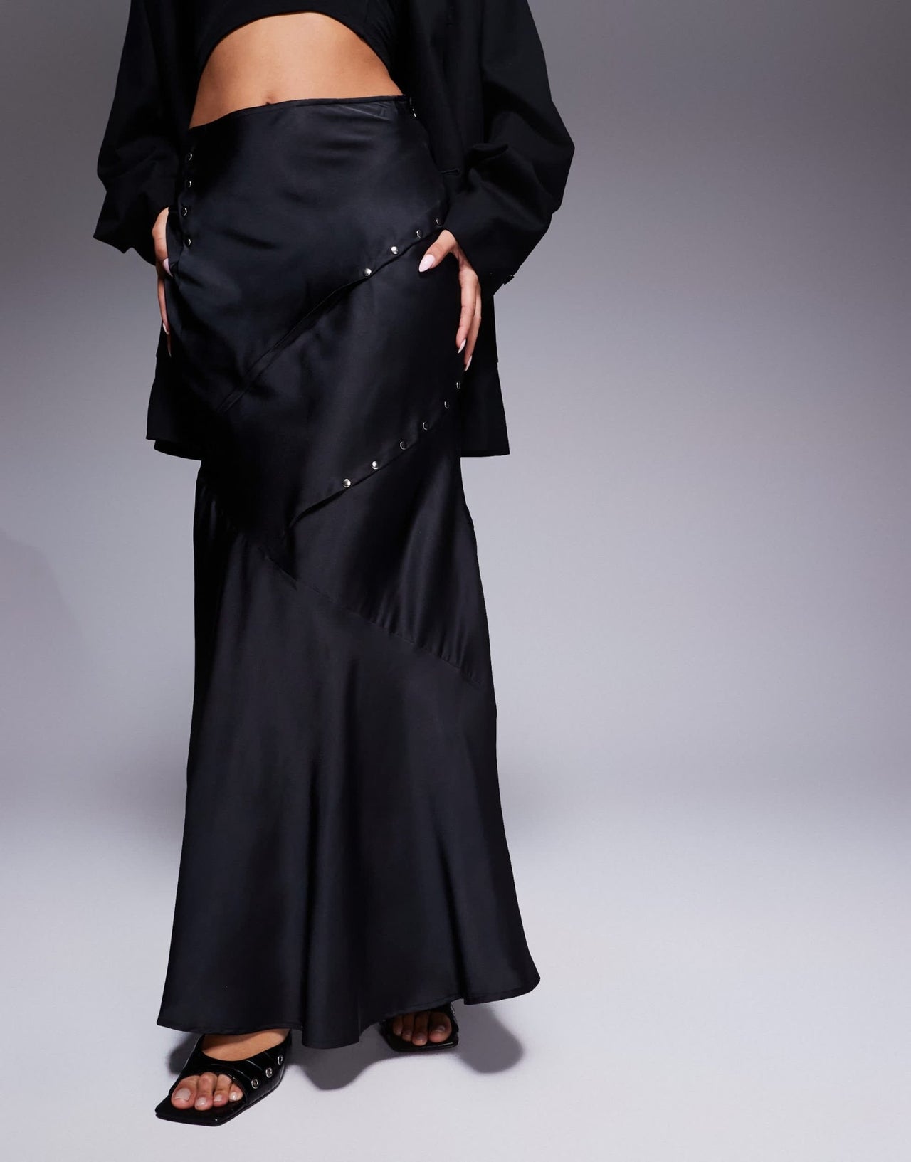 ASOS DESIGN studded bias maxi skirt with split in black - ASOS Sample Sale