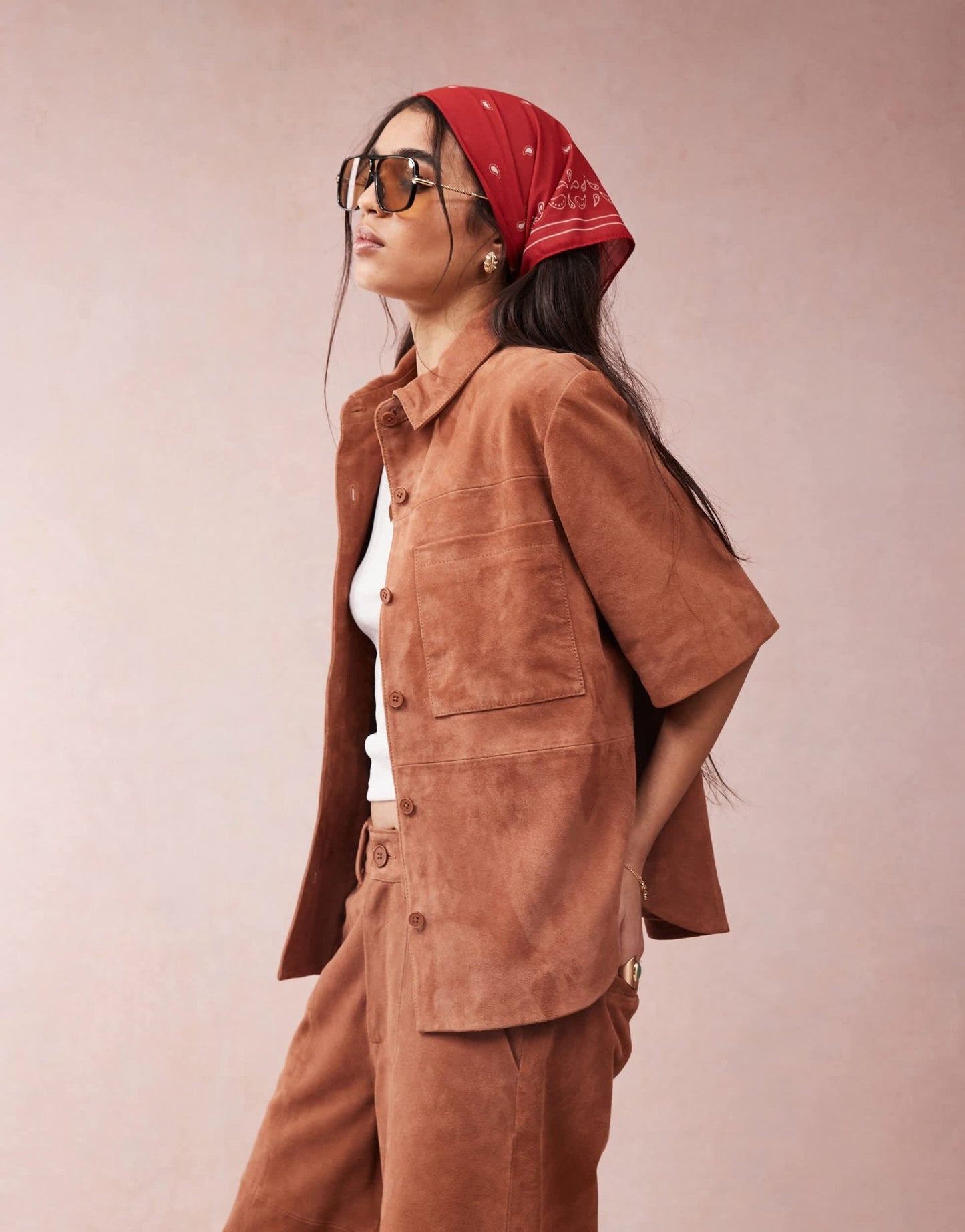 ASOS DESIGN suede cropped boxy shirt co-ord in tan - ASOS Sample Sale