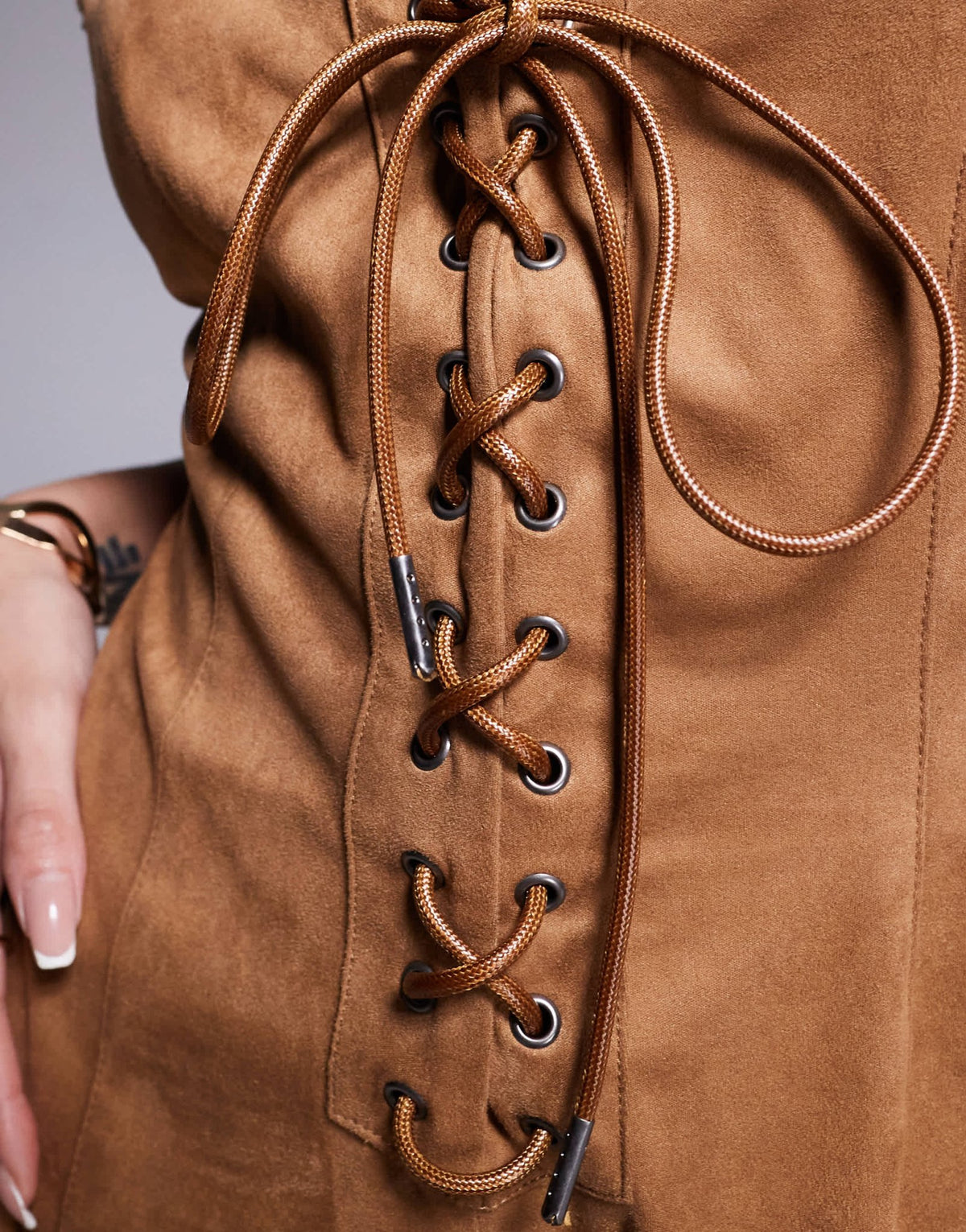 ASOS DESIGN suedette lace up playsuit with stud detail in tan - ASOS Sample Sale