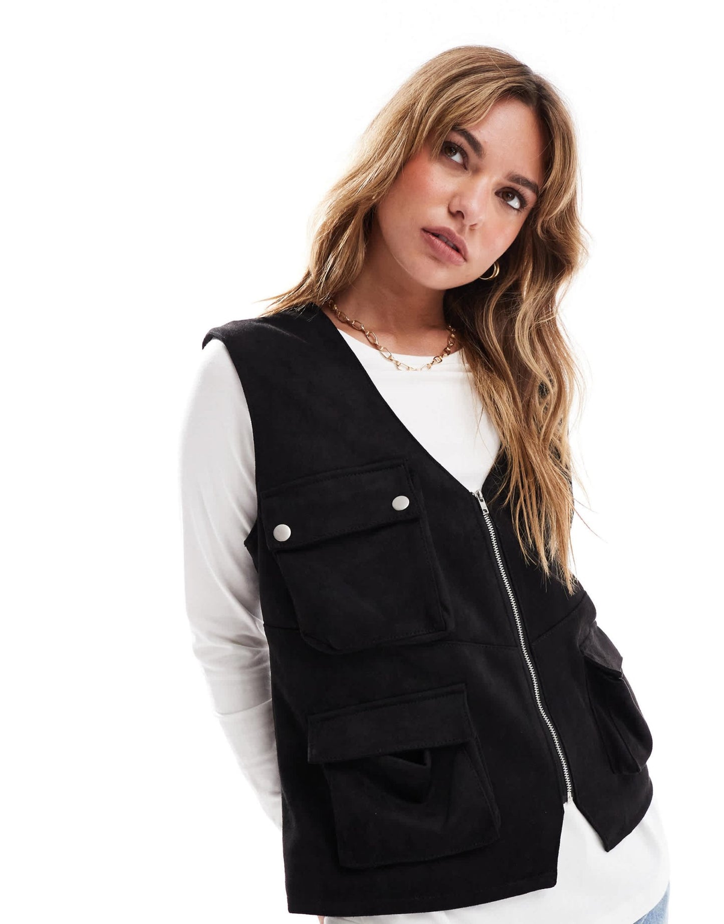 ASOS DESIGN suedette relaxed gilet with hardware details in black - ASOS Sample Sale