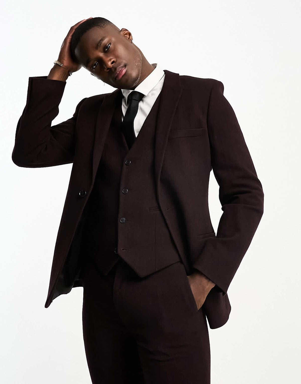 ASOS DESIGN super skinny wool mix suit jacket in herringbone in burgundy - ASOS Sample Sale
