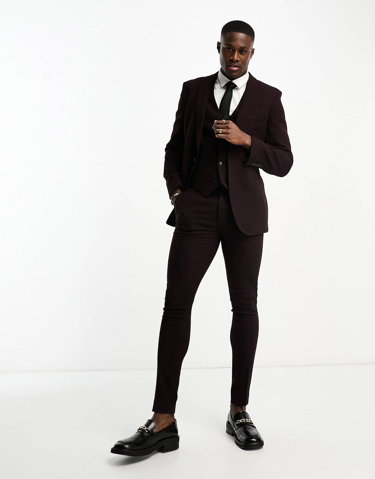 ASOS DESIGN super skinny wool mix suit jacket in herringbone in burgundy - ASOS Sample Sale