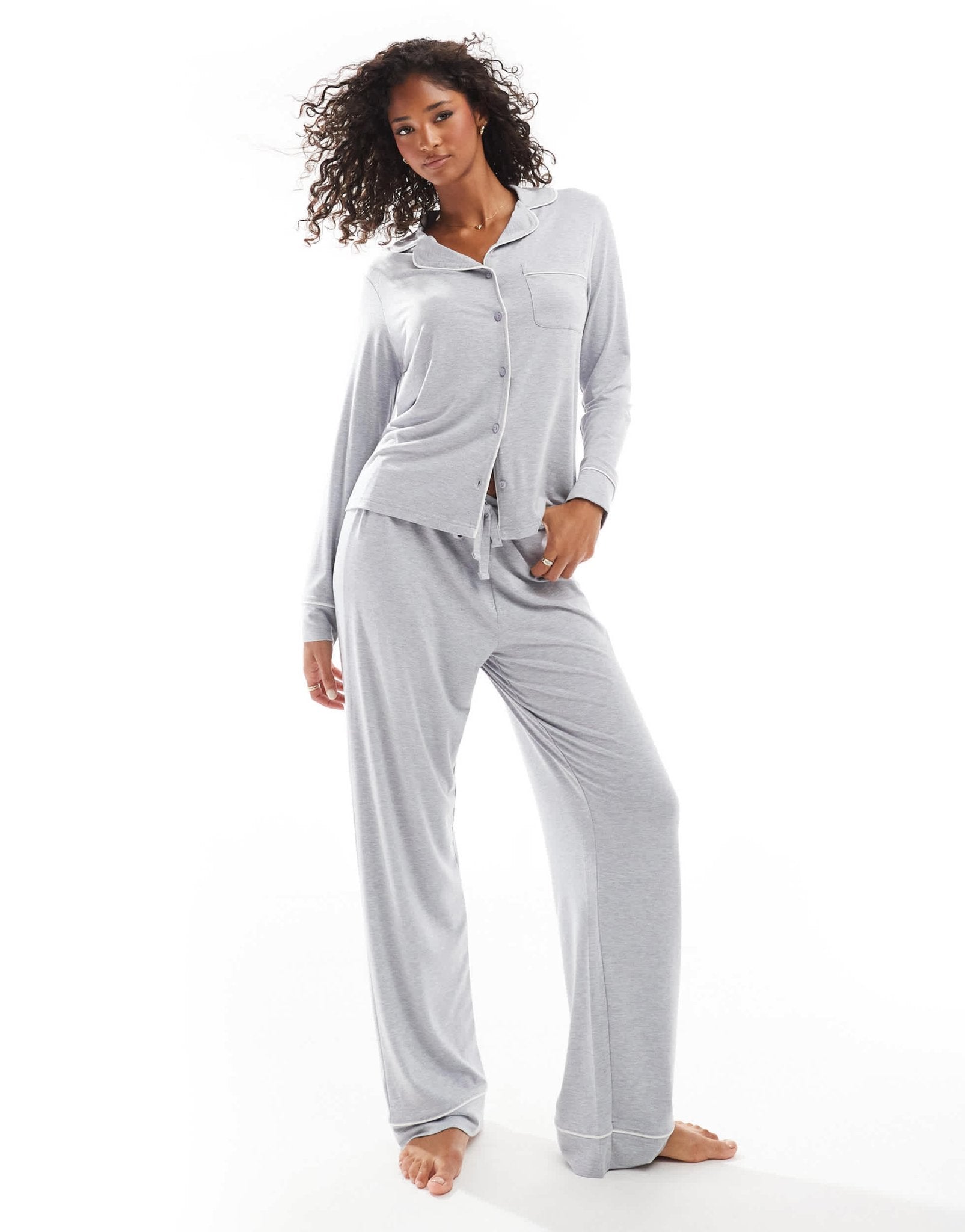 ASOS DESIGN super soft long sleeve shirt & trouser pyjama set with contrast piping in grey marl - ASOS Sample Sale
