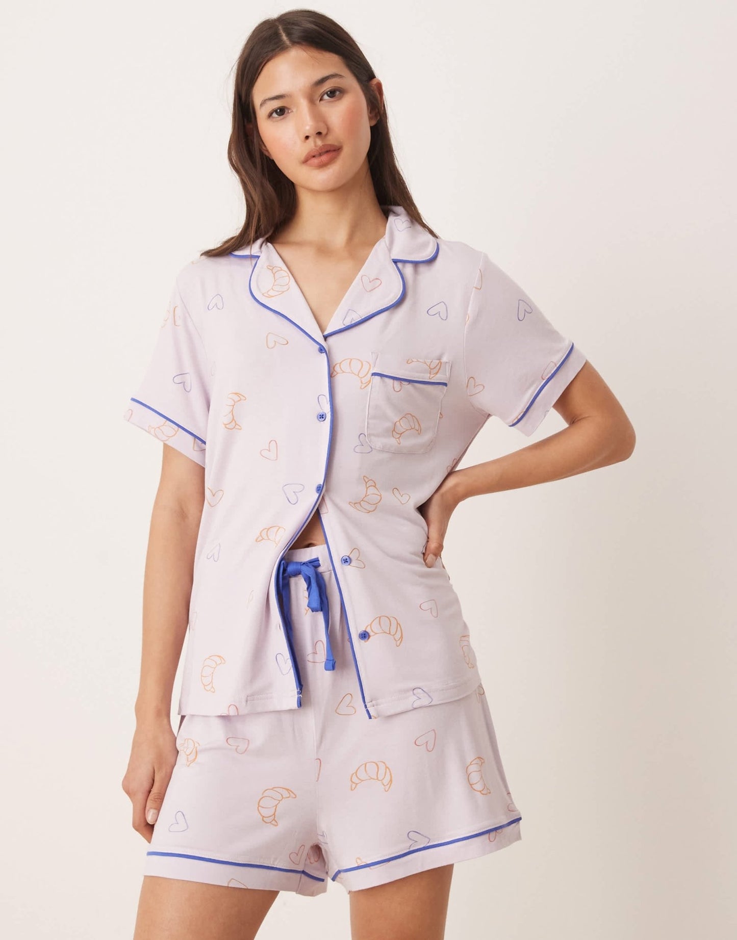 ASOS DESIGN super soft premium short sleeve shirt and short pyjama set in lilac croissant print - ASOS Sample Sale