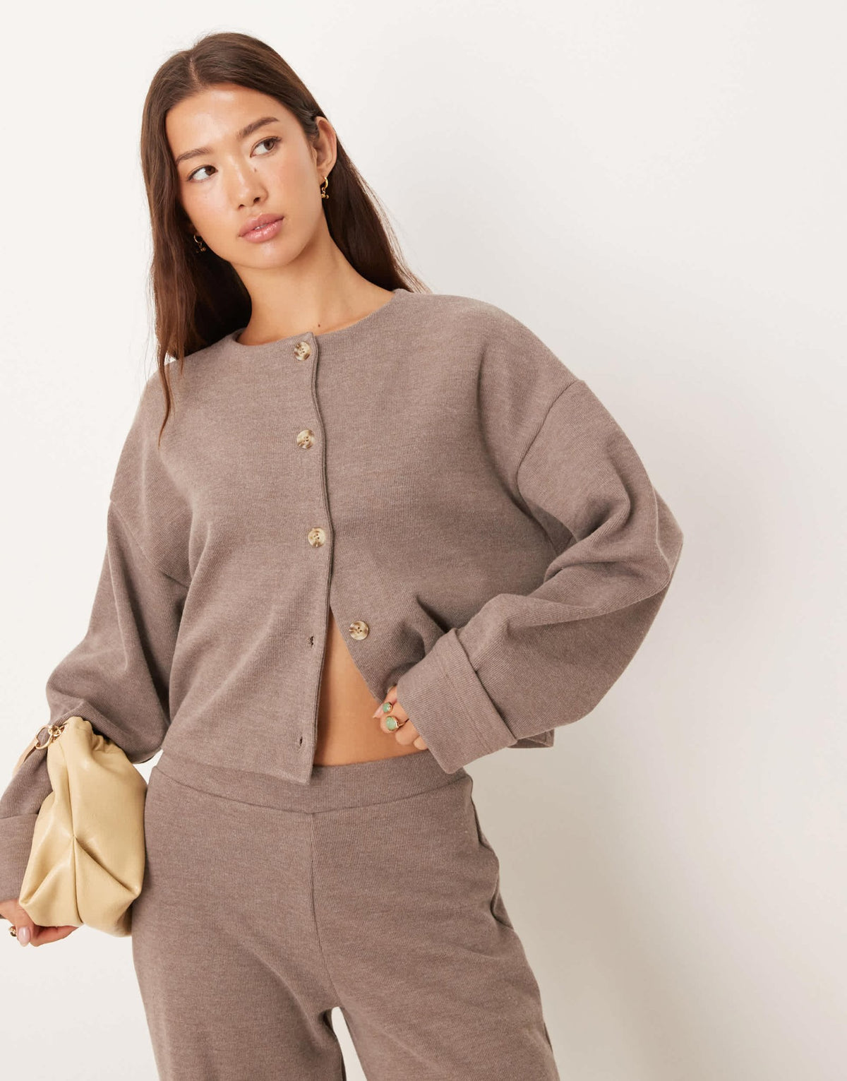 ASOS DESIGN Supersoft button through cardigan co-ord in mocha - BROWN - ASOS Sample Sale