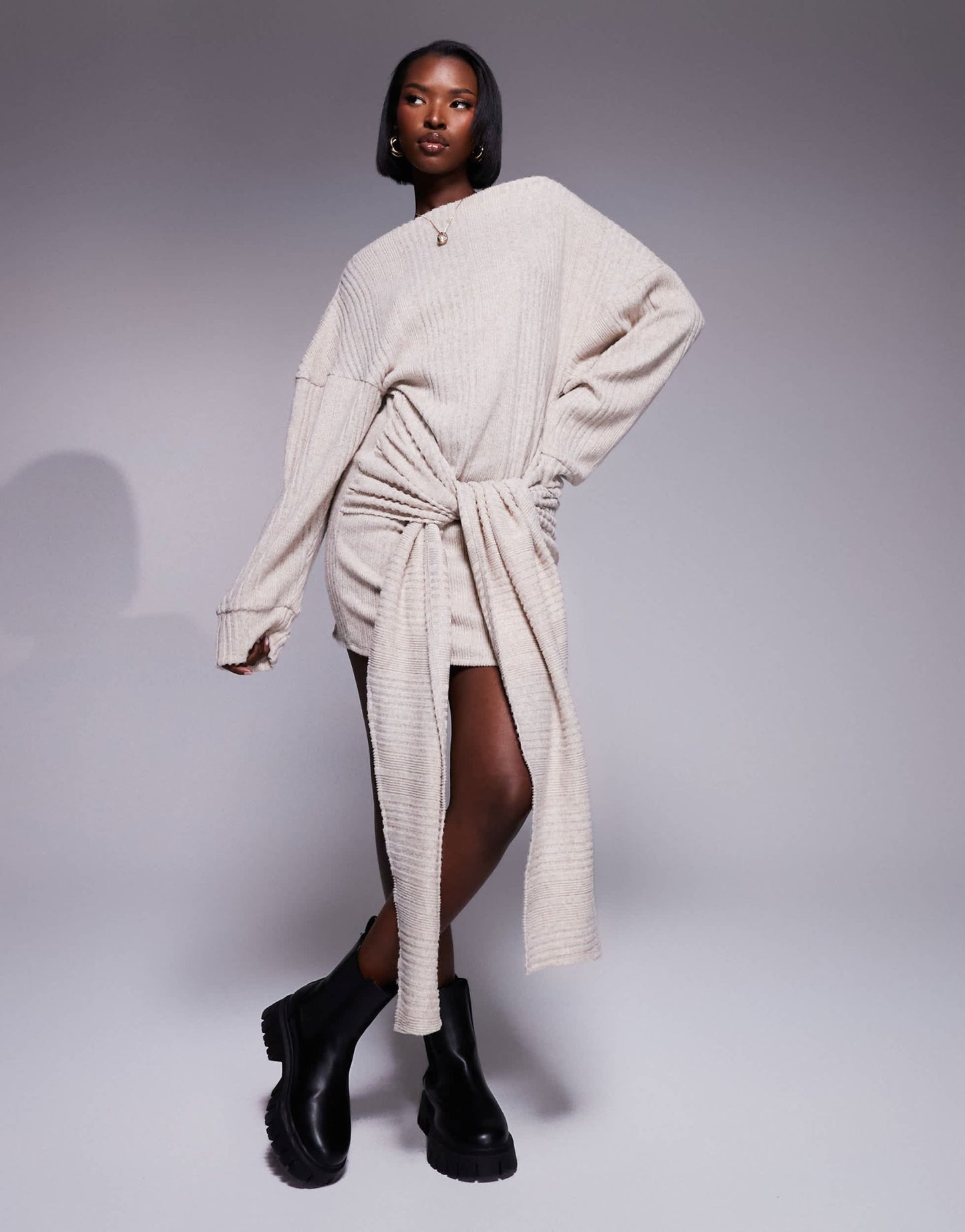 ASOS DESIGN supersoft chunky knit tie waist mini dress in oat - ASOS Sample Sale